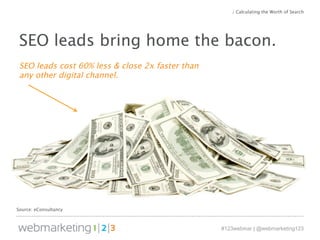 SEO leads bring home the bacon. 
SEO leads cost 60% less & close 2x faster than 
any other digital channel. 
#123webinar | @webmarketing123 
Source: eConsultancy 
McKinsey, http://cmsoforum.mckinsey.com/topic/roi 
/ Calculating the Worth of Search 
 