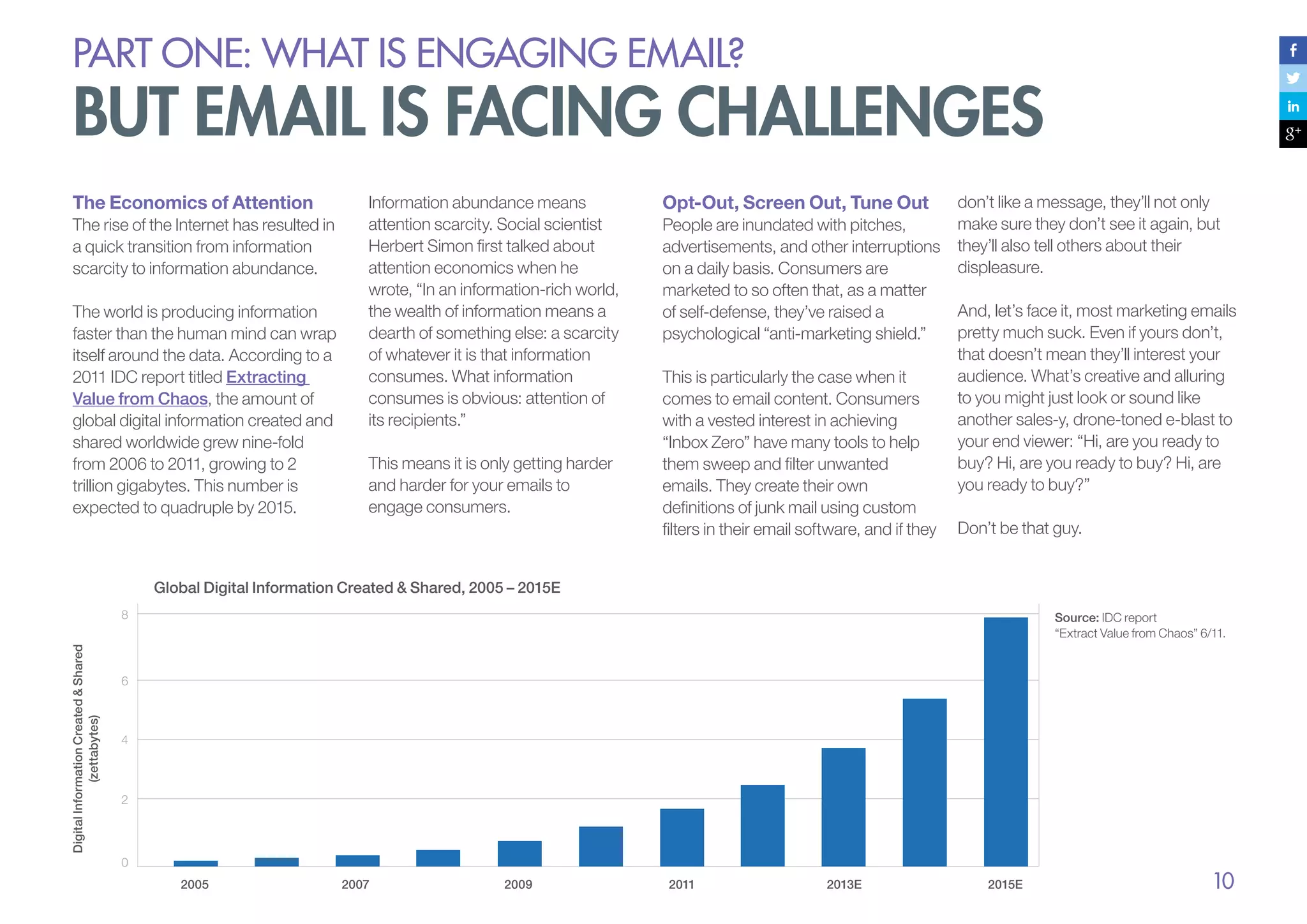 PART ONE: What is Engaging email?

but email is facing challenges
The Economics of Attention
The rise of the Internet has resulted in
a quick transition from information
scarcity to information abundance.
The world is producing information
faster than the human mind can wrap
itself around the data. According to a
2011 IDC report titled Extracting
Value from Chaos, the amount of
global digital information created and
shared worldwide grew nine-fold
from 2006 to 2011, growing to 2
trillion gigabytes. This number is
expected to quadruple by 2015.

Information abundance means
attention scarcity. Social scientist
Herbert Simon first talked about
attention economics when he
wrote, “In an information-rich world,
the wealth of information means a
dearth of something else: a scarcity
of whatever it is that information
consumes. What information
consumes is obvious: attention of
its recipients.”
This means it is only getting harder
and harder for your emails to
engage consumers.

Opt-Out, Screen Out, Tune Out
People are inundated with pitches,
advertisements, and other interruptions
on a daily basis. Consumers are
marketed to so often that, as a matter
of self-defense, they’ve raised a
psychological “anti-marketing shield.”
This is particularly the case when it
comes to email content. Consumers
with a vested interest in achieving
“Inbox Zero” have many tools to help
them sweep and filter unwanted
emails. They create their own
definitions of junk mail using custom
filters in their email software, and if they

don’t like a message, they’ll not only
make sure they don’t see it again, but
they’ll also tell others about their
displeasure.
And, let’s face it, most marketing emails
pretty much suck. Even if yours don’t,
that doesn’t mean they’ll interest your
audience. What’s creative and alluring
to you might just look or sound like
another sales-y, drone-toned e-blast to
your end viewer: “Hi, are you ready to
buy? Hi, are you ready to buy? Hi, are
you ready to buy?”
Don’t be that guy.

Global Digital Information Created & Shared, 2005 – 2015E

Digital Information Created & Shared
(zettabytes)

8

Source: IDC report
“Extract Value from Chaos” 6/11.

6

4

2

0
2005

2007

2009

2011

2013E

2015E

10

 