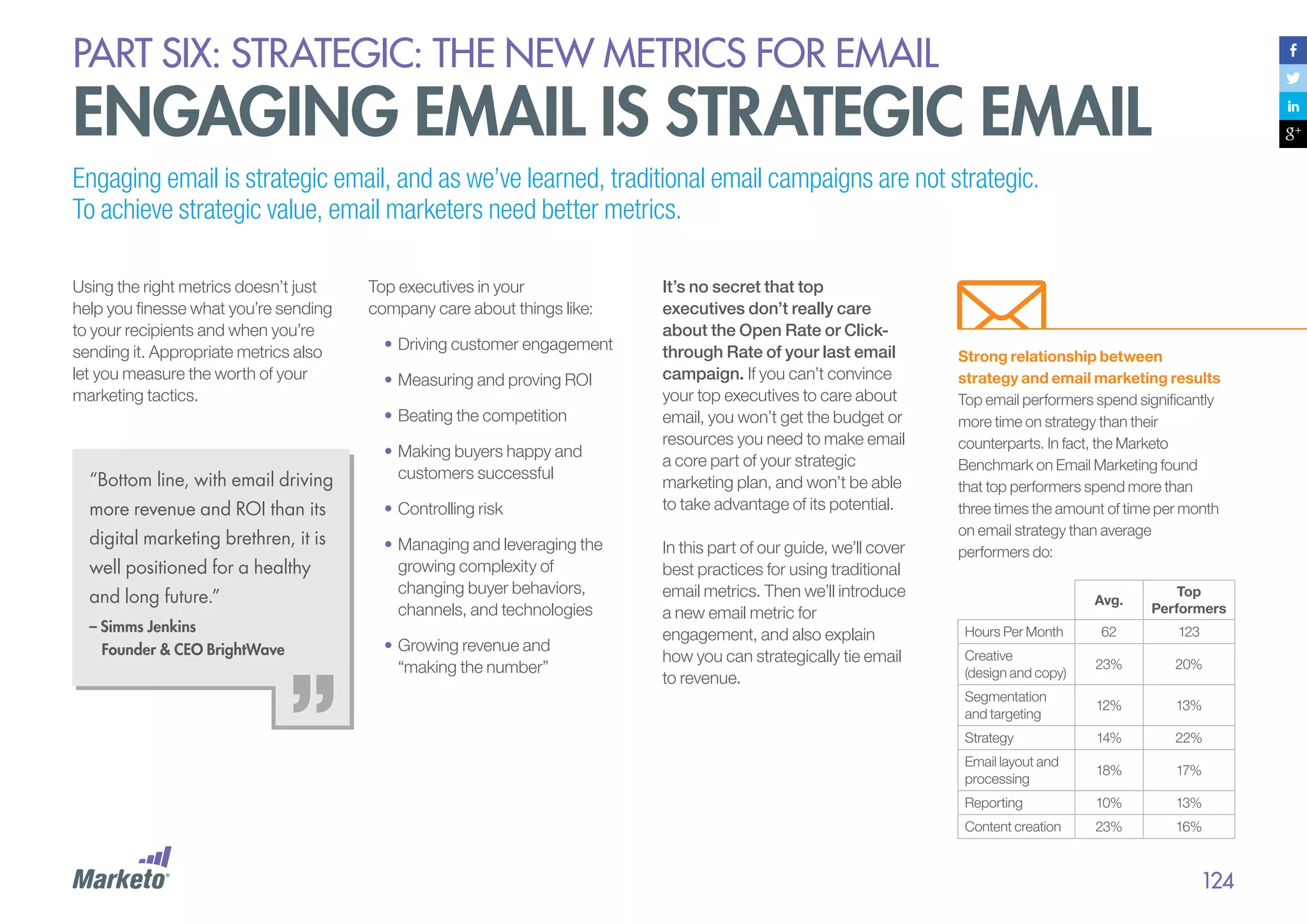 PART six: strategic: the new metrics for email

Engaging email is strategic email
Engaging email is strategic email, and as we’ve learned, traditional email campaigns are not strategic.
To achieve strategic value, email marketers need better metrics.
Using the right metrics doesn’t just
help you finesse what you’re sending
to your recipients and when you’re
sending it. Appropriate metrics also
let you measure the worth of your
marketing tactics.

“Bottom line, with email driving

Top executives in your
company care about things like:
•	Driving customer engagement
•	Measuring and proving ROI
•	Beating the competition
•	Making buyers happy and
customers successful

more revenue and ROI than its

•	Controlling risk

digital marketing brethren, it is

•	Managing and leveraging the
growing complexity of
changing buyer behaviors,
channels, and technologies

well positioned for a healthy
and long future.”
– Simms Jenkins
Founder & CEO BrightWave

•	Growing revenue and
“making the number”

It’s no secret that top
executives don’t really care
about the Open Rate or Clickthrough Rate of your last email
campaign. If you can’t convince
your top executives to care about
email, you won’t get the budget or
resources you need to make email
a core part of your strategic
marketing plan, and won’t be able
to take advantage of its potential.
In this part of our guide, we’ll cover
best practices for using traditional
email metrics. Then we’ll introduce
a new email metric for
engagement, and also explain
how you can strategically tie email
to revenue.

Strong relationship between
strategy and email marketing results
Top email performers spend significantly
more time on strategy than their
counterparts. In fact, the Marketo
Benchmark on Email Marketing found
that top performers spend more than
three times the amount of time per month
on email strategy than average
performers do:
Avg.

Top
Performers

Hours Per Month

62

123

Creative
(design and copy)

23%

20%

Segmentation
and targeting

12%

13%

Strategy

14%

22%

Email layout and
processing

18%

17%

Reporting

10%

13%

Content creation

23%

16%

124

 