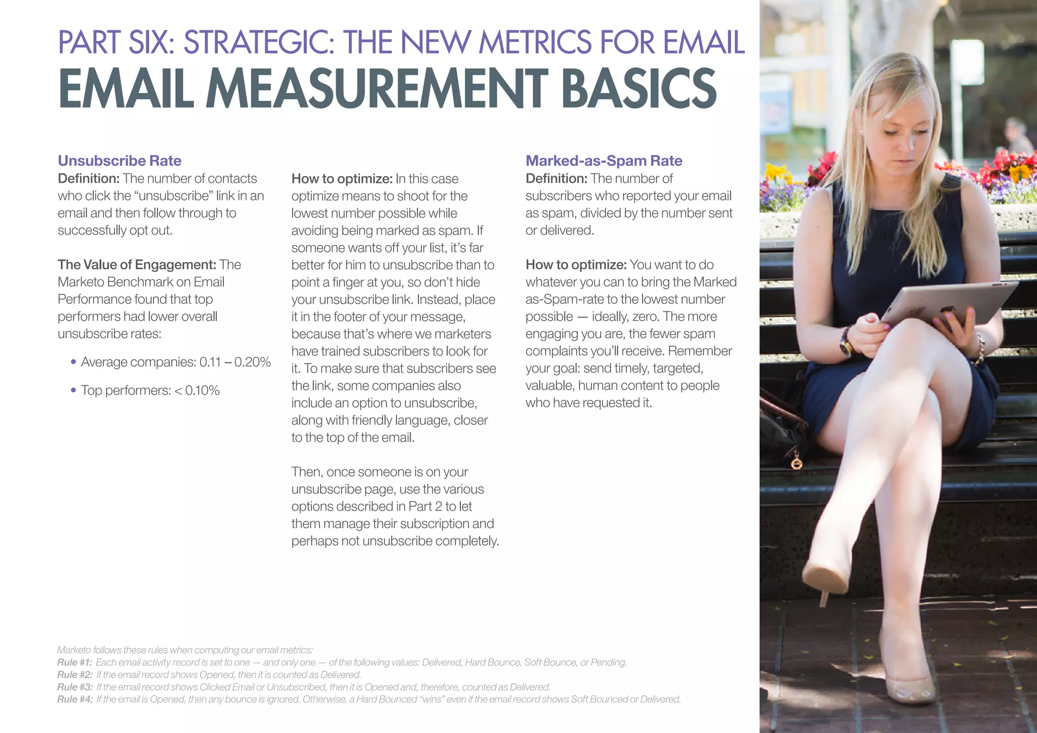 PART six: strategic: the new metrics for email

email measurement basics
Unsubscribe Rate
Definition: The number of contacts
who click the “unsubscribe” link in an
email and then follow through to
successfully opt out.
The Value of Engagement: The
Marketo Benchmark on Email
Performance found that top
performers had lower overall
unsubscribe rates:
•	Average companies: 0.11 – 0.20%
•	Top performers: < 0.10%

Marked-as-Spam Rate
How to optimize: In this case
optimize means to shoot for the
lowest number possible while
avoiding being marked as spam. If
someone wants off your list, it’s far
better for him to unsubscribe than to
point a finger at you, so don’t hide
your unsubscribe link. Instead, place
it in the footer of your message,
because that’s where we marketers
have trained subscribers to look for
it. To make sure that subscribers see
the link, some companies also
include an option to unsubscribe,
along with friendly language, closer
to the top of the email.

Definition: The number of
subscribers who reported your email
as spam, divided by the number sent
or delivered.
How to optimize: You want to do
whatever you can to bring the Marked
as-Spam-rate to the lowest number
possible — ideally, zero. The more
engaging you are, the fewer spam
complaints you’ll receive. Remember
your goal: send timely, targeted,
valuable, human content to people
who have requested it.

Then, once someone is on your
unsubscribe page, use the various
options described in Part 2 to let
them manage their subscription and
perhaps not unsubscribe completely.

Marketo follows these rules when computing our email metrics:
Rule #1: Each email activity record is set to one — and only one — of the following values: Delivered, Hard Bounce, Soft Bounce, or Pending.
Rule #2: If the email record shows Opened, then it is counted as Delivered.
Rule #3: If the email record shows Clicked Email or Unsubscribed, then it is Opened and, therefore, counted as Delivered.
Rule #4: If the email is Opened, then any bounce is ignored. Otherwise, a Hard Bounced “wins” even if the email record shows Soft Bounced or Delivered.

 
