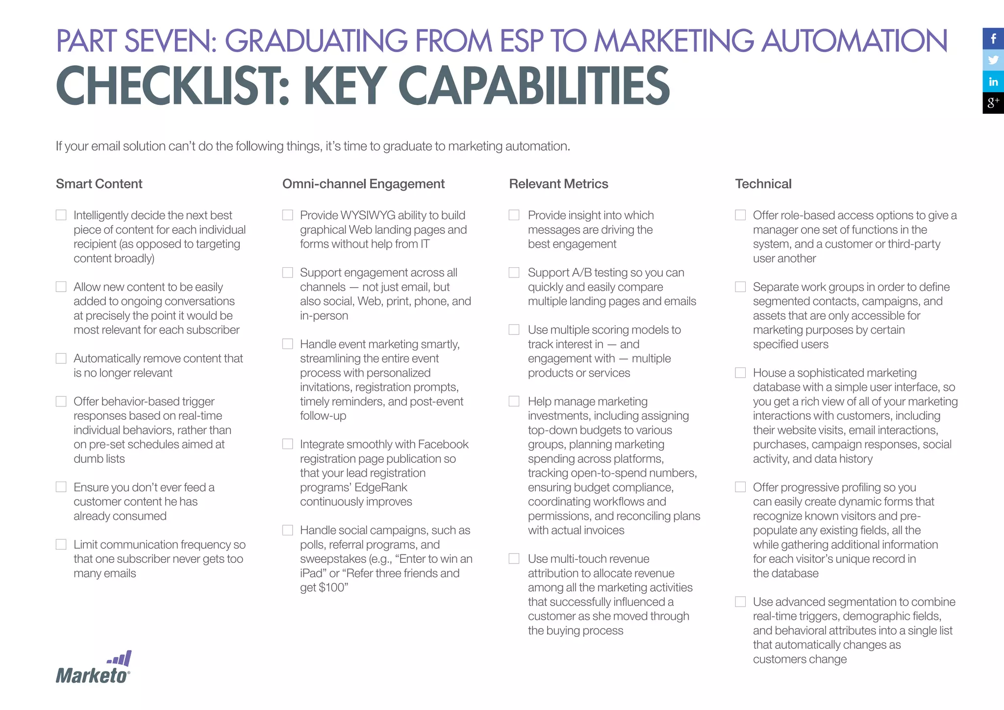 PART seven: graduating from esp to marketing automation

checklist: Key capabilities
If your email solution can’t do the following things, it’s time to graduate to marketing automation.
Smart Content
Intelligently decide the next best
piece of content for each individual
recipient (as opposed to targeting
content broadly)
Allow new content to be easily
added to ongoing conversations
at precisely the point it would be
most relevant for each subscriber
Automatically remove content that
is no longer relevant
Offer behavior-based trigger
responses based on real-time
individual behaviors, rather than
on pre-set schedules aimed at
dumb lists
Ensure you don’t ever feed a
customer content he has
already consumed
Limit communication frequency so
that one subscriber never gets too
many emails

Omni-channel Engagement

Relevant Metrics

Provide WYSIWYG ability to build
graphical Web landing pages and
forms without help from IT

Provide insight into which
messages are driving the
best engagement

Support engagement across all
channels — not just email, but
also social, Web, print, phone, and
in-person

Support A/B testing so you can
quickly and easily compare
multiple landing pages and emails

Handle event marketing smartly,
streamlining the entire event
process with personalized
invitations, registration prompts,
timely reminders, and post-event
follow-up
Integrate smoothly with Facebook
registration page publication so
that your lead registration
programs’ EdgeRank
continuously improves
Handle social campaigns, such as
polls, referral programs, and
sweepstakes (e.g., “Enter to win an
iPad” or “Refer three friends and
get $100”

Use multiple scoring models to
track interest in — and
engagement with — multiple
products or services
Help manage marketing
investments, including assigning
top-down budgets to various
groups, planning marketing
spending across platforms,
tracking open-to-spend numbers,
ensuring budget compliance,
coordinating workflows and
permissions, and reconciling plans
with actual invoices
Use multi-touch revenue
attribution to allocate revenue
among all the marketing activities
that successfully influenced a
customer as she moved through
the buying process

Technical
Offer role-based access options to give a
manager one set of functions in the
system, and a customer or third-party
user another
Separate work groups in order to define
segmented contacts, campaigns, and
assets that are only accessible for
marketing purposes by certain
specified users
House a sophisticated marketing
database with a simple user interface, so
you get a rich view of all of your marketing
interactions with customers, including
their website visits, email interactions,
purchases, campaign responses, social
activity, and data history
Offer progressive profiling so you
can easily create dynamic forms that
recognize known visitors and prepopulate any existing fields, all the
while gathering additional information
for each visitor’s unique record in
the database
Use advanced segmentation to combine
real-time triggers, demographic fields,
and behavioral attributes into a single list
that automatically changes as
customers change

 
