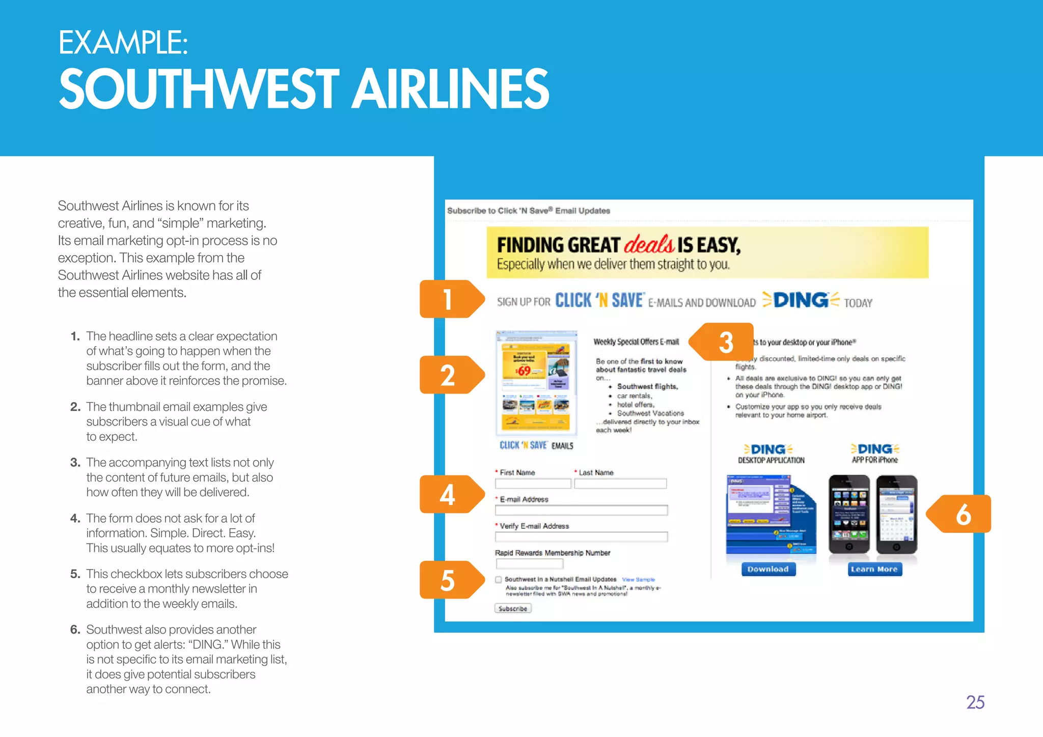 EXAMPLE:

southwest airlines
Southwest Airlines is known for its
creative, fun, and “simple” marketing.
Its email marketing opt-in process is no
exception. This example from the
Southwest Airlines website has all of
the essential elements.
1.	 The headline sets a clear expectation
of what’s going to happen when the
subscriber fills out the form, and the
banner above it reinforces the promise.

1
2

3

2.	 	 he thumbnail email examples give
T
subscribers a visual cue of what
to expect.
3.	 The accompanying text lists not only
the content of future emails, but also
how often they will be delivered.
4.	 The form does not ask for a lot of
information. Simple. Direct. Easy.
This usually equates to more opt-ins!
5.	 This checkbox lets subscribers choose
to receive a monthly newsletter in
addition to the weekly emails.
6.	 Southwest also provides another
option to get alerts: “DING.” While this
is not specific to its email marketing list,
it does give potential subscribers
another way to connect.

4

6

5

25

 