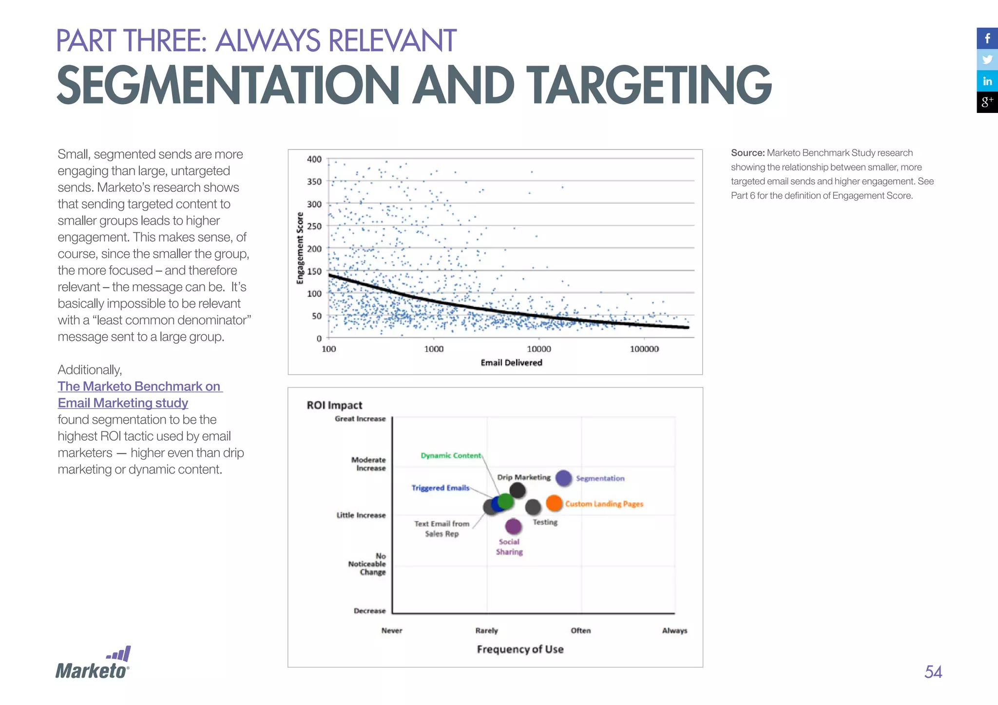 PART THREE: always relevant

segmentation and targeting
Small, segmented sends are more
engaging than large, untargeted
sends. Marketo’s research shows
that sending targeted content to
smaller groups leads to higher
engagement. This makes sense, of
course, since the smaller the group,
the more focused – and therefore
relevant – the message can be. It’s
basically impossible to be relevant
with a “least common denominator”
message sent to a large group.

Source: Marketo Benchmark Study research
showing the relationship between smaller, more
targeted email sends and higher engagement. See
Part 6 for the definition of Engagement Score.

Additionally,
The Marketo Benchmark on
Email Marketing study
found segmentation to be the
highest ROI tactic used by email
marketers — higher even than drip
marketing or dynamic content.

54

 