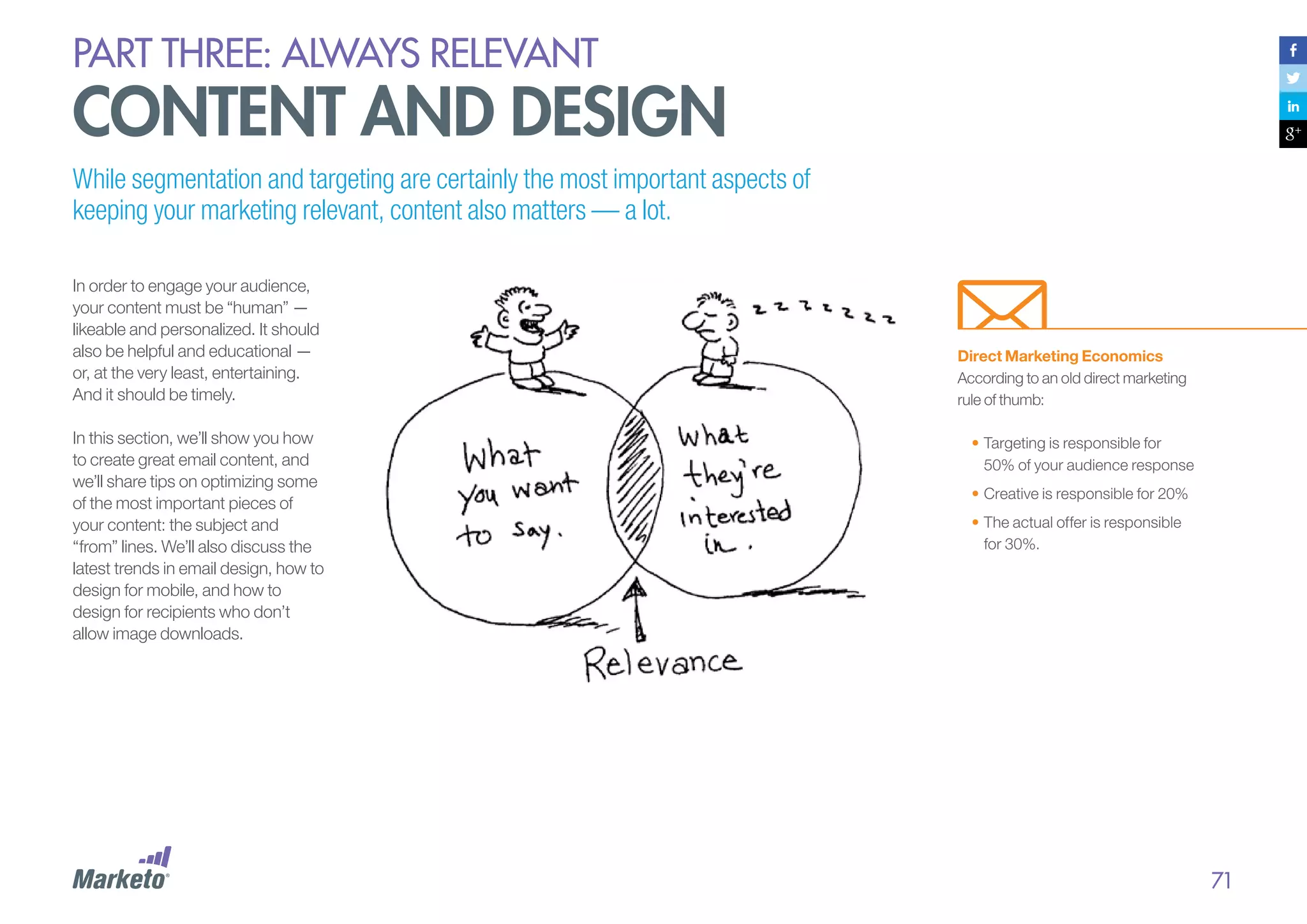 PART THREE: always relevant

content and design
While segmentation and targeting are certainly the most important aspects of
keeping your marketing relevant, content also matters — a lot.
In order to engage your audience,
your content must be “human” —
likeable and personalized. It should
also be helpful and educational —
or, at the very least, entertaining.
And it should be timely.
In this section, we’ll show you how
to create great email content, and
we’ll share tips on optimizing some
of the most important pieces of
your content: the subject and
“from” lines. We’ll also discuss the
latest trends in email design, how to
design for mobile, and how to
design for recipients who don’t
allow image downloads.

Direct Marketing Economics
According to an old direct marketing
rule of thumb:
•	Targeting is responsible for
50% of your audience response
•	Creative is responsible for 20%
•	The actual offer is responsible
for 30%.

71

 
