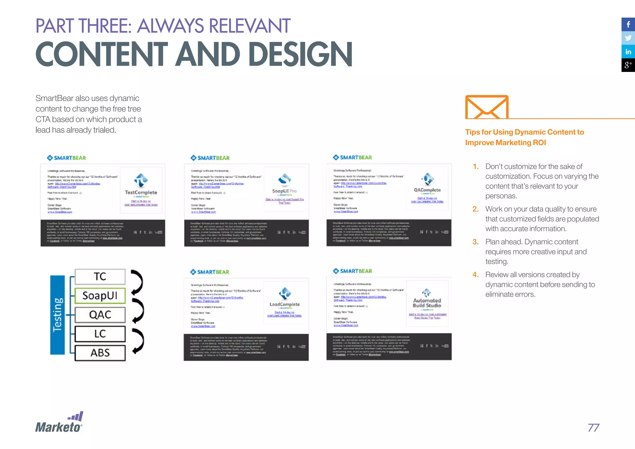 PART THREE: always relevant

content and design
SmartBear also uses dynamic
content to change the free tree
CTA based on which product a
lead has already trialed.

Tips for Using Dynamic Content to
Improve Marketing ROI
1.	 Don’t customize for the sake of
customization. Focus on varying the
content that’s relevant to your
personas.
2.	 Work on your data quality to ensure
that customized fields are populated
with accurate information.
3.	 Plan ahead. Dynamic content
requires more creative input and
testing.
4.	 Review all versions created by
dynamic content before sending to
eliminate errors.

77

 