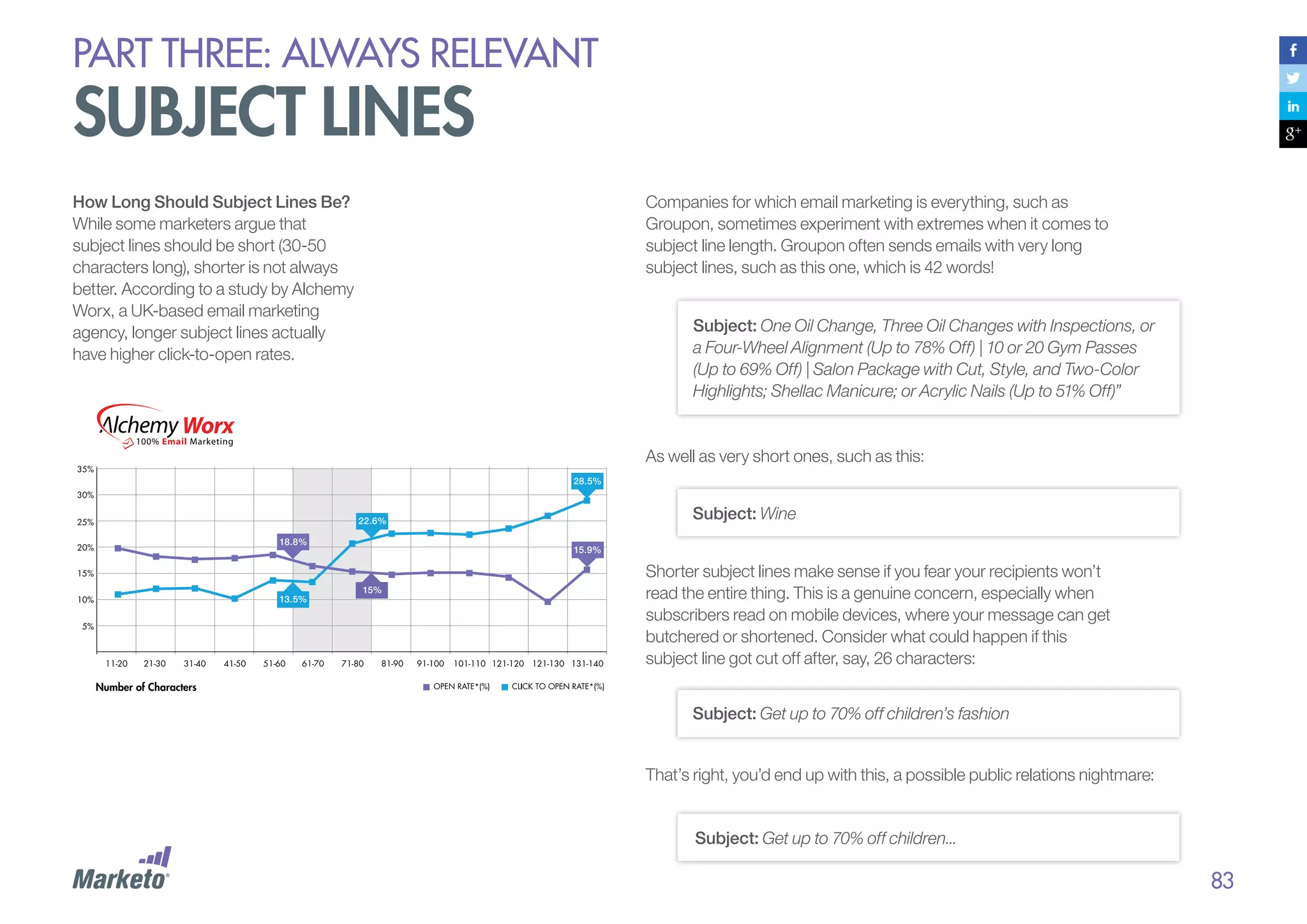 PART THREE: always relevant

subject lines

Companies for which email marketing is everything, such as
Groupon, sometimes experiment with extremes when it comes to
subject line length. Groupon often sends emails with very long
subject lines, such as this one, which is 42 words!

How Long Should Subject Lines Be?
While some marketers argue that
subject lines should be short (30-50
characters long), shorter is not always
better. According to a study by Alchemy
Worx, a UK-based email marketing
agency, longer subject lines actually
have higher click-to-open rates.

Subject: One Oil Change, Three Oil Changes with Inspections, or
a Four-Wheel Alignment (Up to 78% Off) | 10 or 20 Gym Passes
(Up to 69% Off) | Salon Package with Cut, Style, and Two-Color
Highlights; Shellac Manicure; or Acrylic Nails (Up to 51% Off)”

As well as very short ones, such as this:
28.5%

Subject: Wine

22.6%
18.8%

13.5%

15.9%

15%

Shorter subject lines make sense if you fear your recipients won’t
read the entire thing. This is a genuine concern, especially when
subscribers read on mobile devices, where your message can get
butchered or shortened. Consider what could happen if this
subject line got cut off after, say, 26 characters:
Subject: Get up to 70% off children’s fashion
That’s right, you’d end up with this, a possible public relations nightmare:

Subject: Get up to 70% off children...

83

 