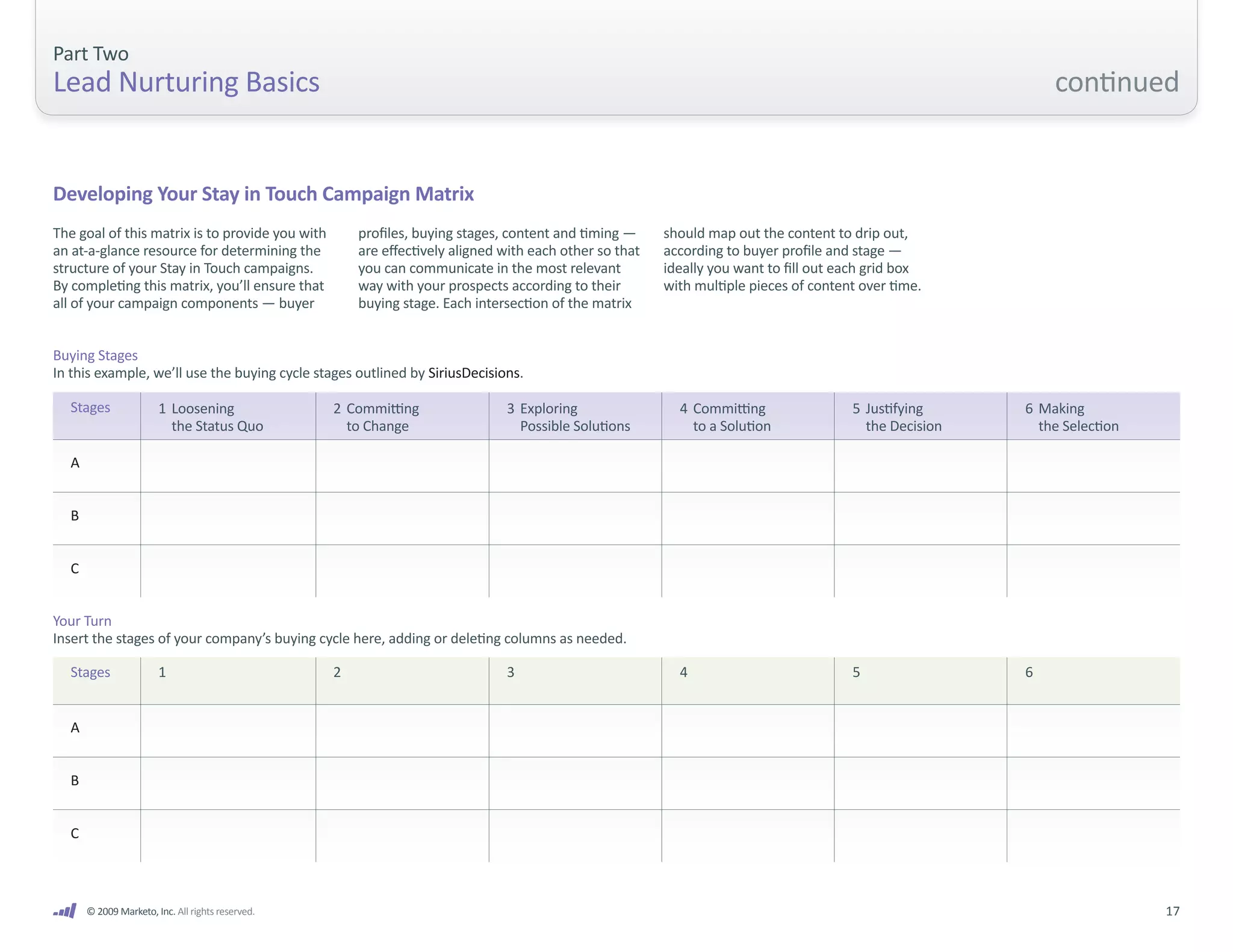 Part Two
Lead Nurturing Basics                                                                                                                                      continued


Developing Your Stay in Touch Campaign Matrix
The goal of this matrix is to provide you with        profiles, buying stages, content and timing —     should map out the content to drip out,
an at-a-glance resource for determining the           are effectively aligned with each other so that   according to buyer profile and stage —
structure of your Stay in Touch campaigns.            you can communicate in the most relevant          ideally you want to fill out each grid box
By completing this matrix, you’ll ensure that         way with your prospects according to their        with multiple pieces of content over time.
all of your campaign components — buyer               buying stage. Each intersection of the matrix


Buying Stages
In this example, we’ll use the buying cycle stages outlined by SiriusDecisions.

  Stages               1 Loosening                2 Committing                3 Exploring                 4 Committing                5 Justifying     6 Making
                         the Status Quo             to Change                   Possible Solutions          to a Solution               the Decision     the Selection

  A


  B


  C


Your Turn
Insert the stages of your company’s buying cycle here, adding or deleting columns as needed.

  Stages               1                          2                           3                           4                           5                6


  A


  B


  C



      © 2009 Marketo, Inc. All rights reserved.                                                                                                                          17
 