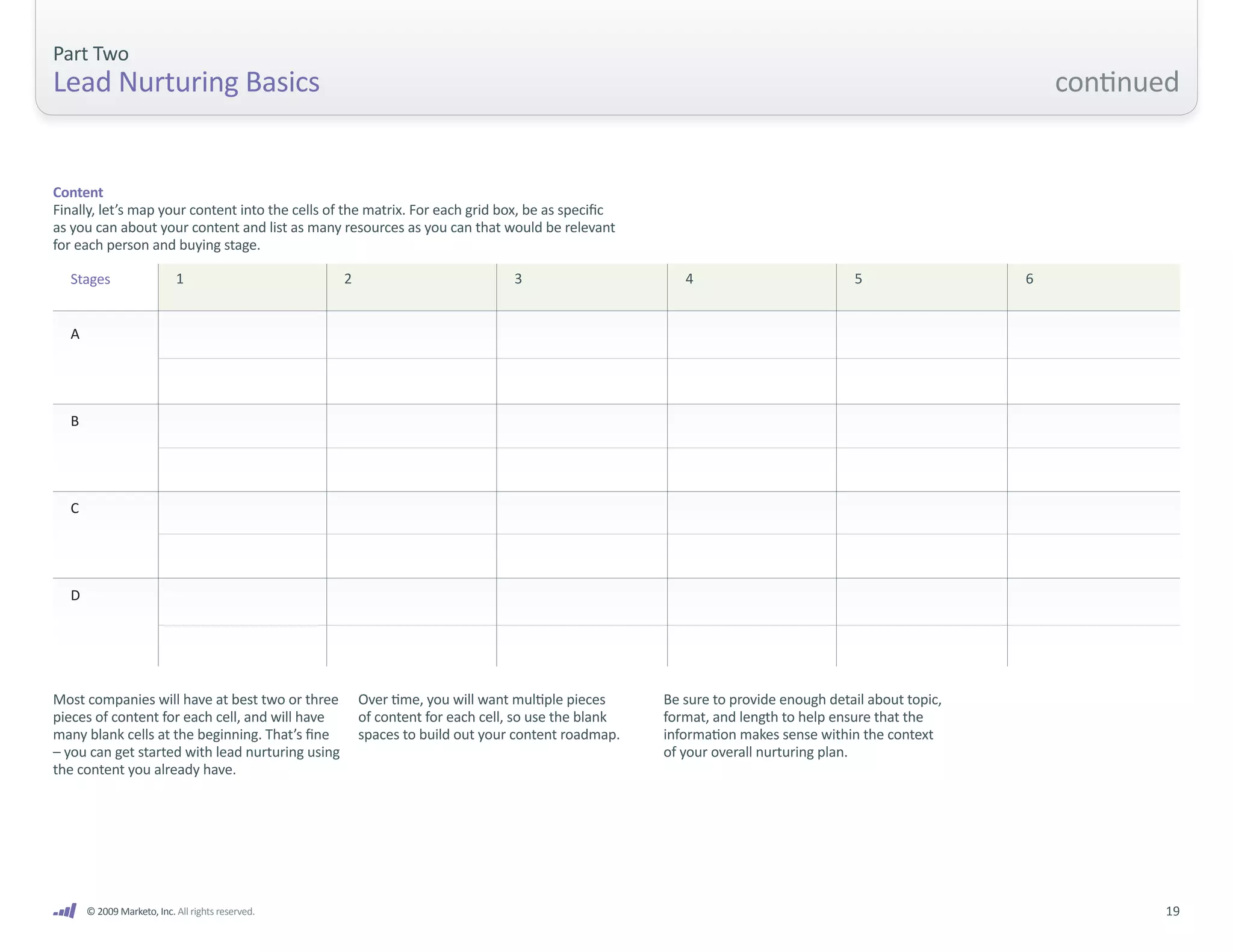 Part Two
Lead Nurturing Basics                                                                                                                                  continued


Content
Finally, let’s map your content into the cells of the matrix. For each grid box, be as specific
as you can about your content and list as many resources as you can that would be relevant
for each person and buying stage.

  Stages                   1                      2                            3                      4                          5                 6


  A




  B




  C




  D




Most companies will have at best two or three         Over time, you will want multiple pieces     Be sure to provide enough detail about topic,
pieces of content for each cell, and will have        of content for each cell, so use the blank   format, and length to help ensure that the
many blank cells at the beginning. That’s fine        spaces to build out your content roadmap.    information makes sense within the context
– you can get started with lead nurturing using                                                    of your overall nurturing plan.
the content you already have.




      © 2009 Marketo, Inc. All rights reserved.                                                                                                               19
 