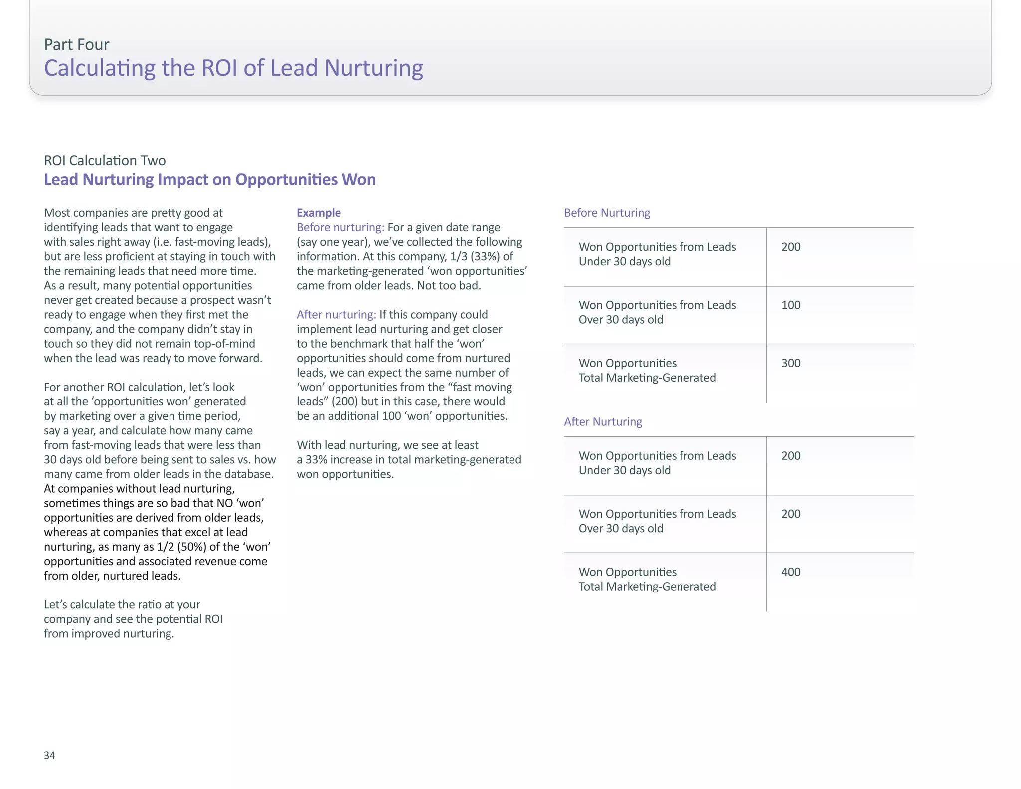 Part Four
Calculating the ROI of Lead Nurturing


ROI Calculation Two
Lead Nurturing Impact on Opportunities Won
Most companies are pretty good at                  Example                                         Before Nurturing
identifying leads that want to engage              Before nurturing: For a given date range
with sales right away (i.e. fast-moving leads),    (say one year), we’ve collected the following     Won Opportunities from Leads   200
but are less proficient at staying in touch with   information. At this company, 1/3 (33%) of        Under 30 days old
the remaining leads that need more time.           the marketing-generated ‘won opportunities’
As a result, many potential opportunities          came from older leads. Not too bad.
never get created because a prospect wasn’t                                                          Won Opportunities from Leads   100
ready to engage when they first met the            After nurturing: If this company could            Over 30 days old
company, and the company didn’t stay in            implement lead nurturing and get closer
touch so they did not remain top-of-mind           to the benchmark that half the ‘won’
when the lead was ready to move forward.           opportunities should come from nurtured           Won Opportunities              300
                                                   leads, we can expect the same number of           Total Marketing-Generated
For another ROI calculation, let’s look            ‘won’ opportunities from the “fast moving
at all the ‘opportunities won’ generated           leads” (200) but in this case, there would
by marketing over a given time period,             be an additional 100 ‘won’ opportunities.       After Nurturing
say a year, and calculate how many came
from fast-moving leads that were less than         With lead nurturing, we see at least
30 days old before being sent to sales vs. how     a 33% increase in total marketing-generated       Won Opportunities from Leads   200
many came from older leads in the database.        won opportunities.                                Under 30 days old
At companies without lead nurturing,
sometimes things are so bad that NO ‘won’
opportunities are derived from older leads,                                                          Won Opportunities from Leads   200
whereas at companies that excel at lead                                                              Over 30 days old
nurturing, as many as 1/2 (50%) of the ‘won’
opportunities and associated revenue come
from older, nurtured leads.                                                                          Won Opportunities              400
                                                                                                     Total Marketing-Generated
Let’s calculate the ratio at your
company and see the potential ROI
from improved nurturing.




34
 