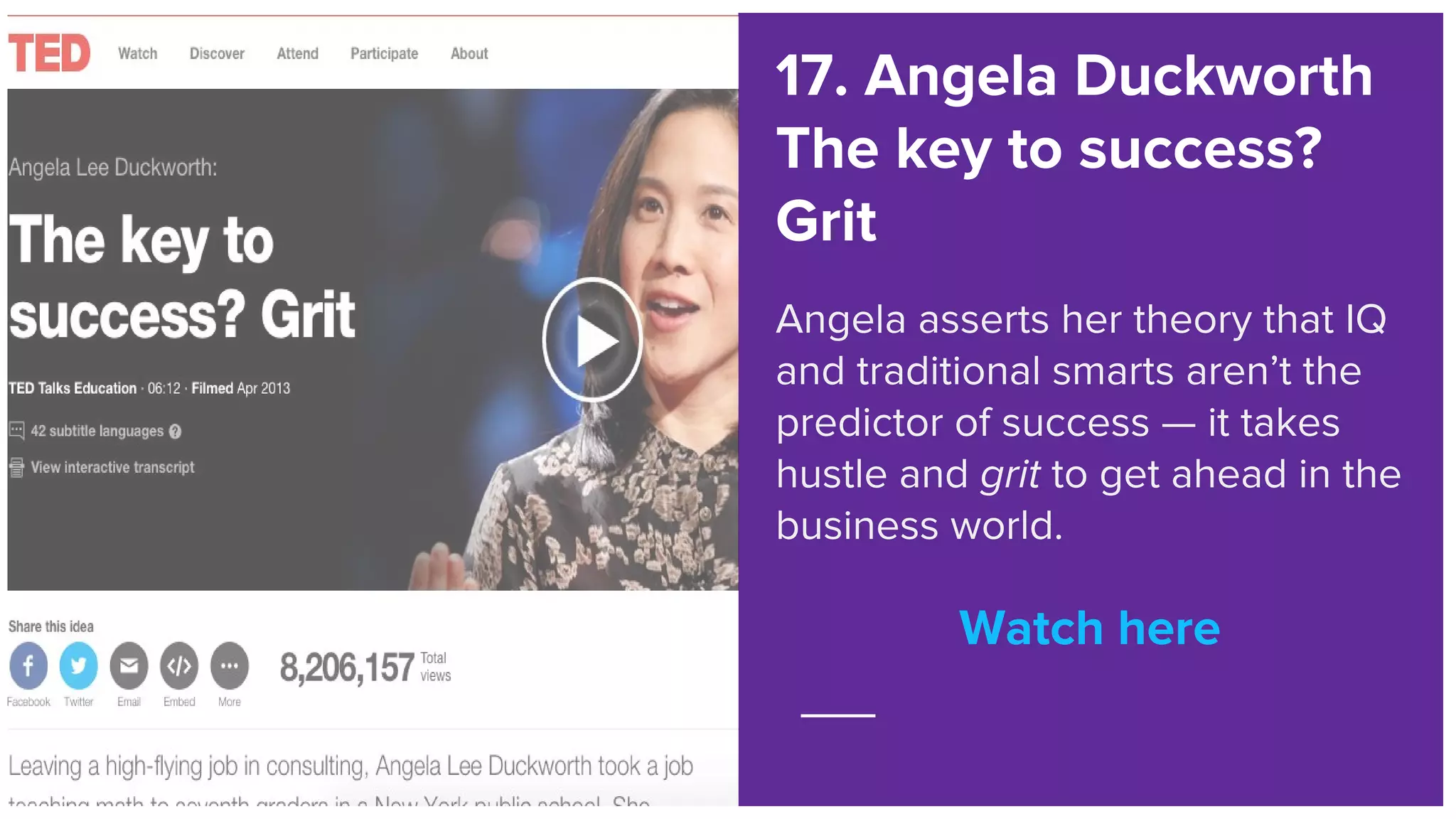 Watch here
17. Angela Duckworth
The key to success?
Grit
Angela asserts her theory that IQ
and traditional smarts aren’t the
predictor of success — it takes
hustle and grit to get ahead in the
business world.
Watch here
 