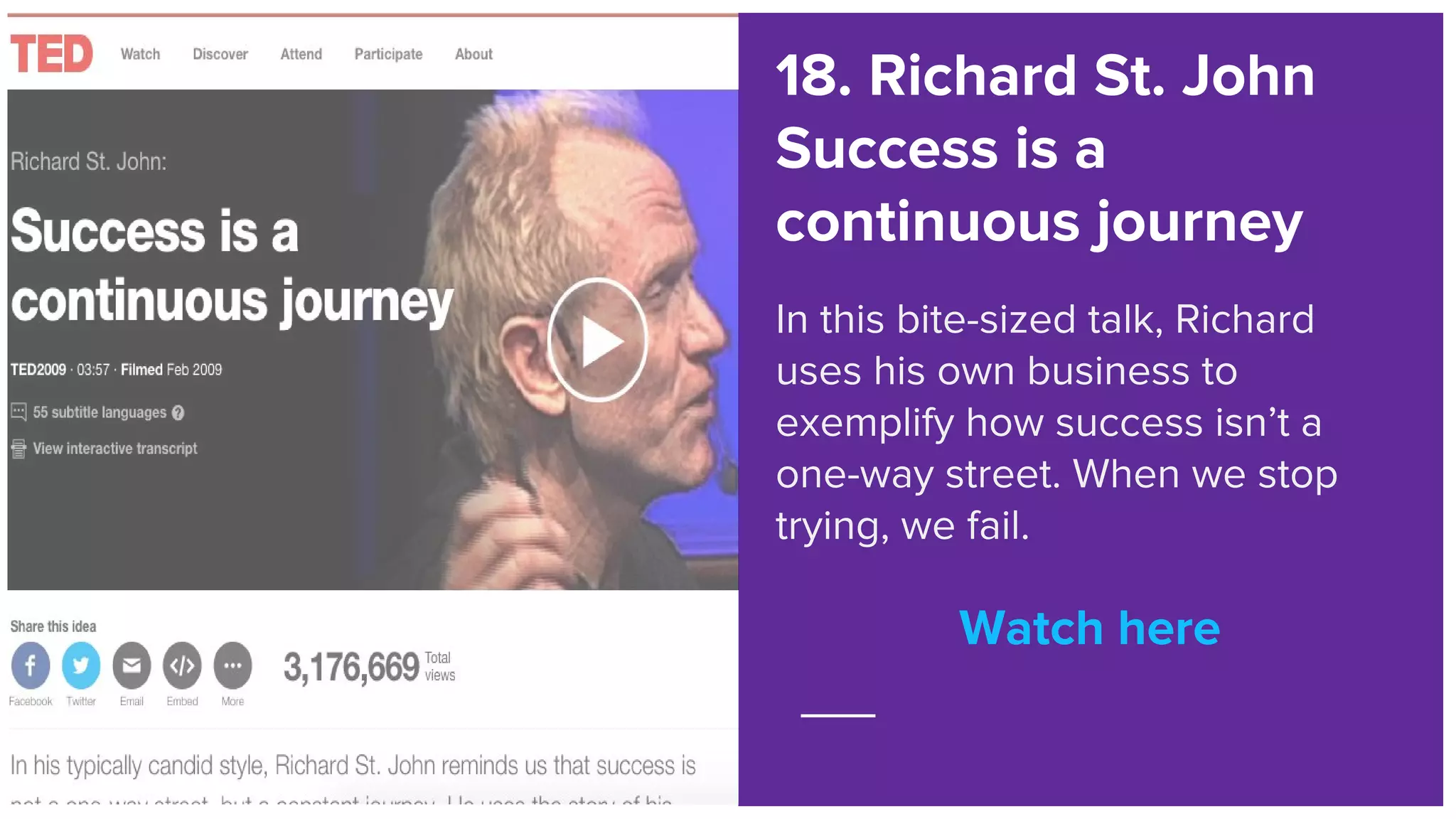 Watch here
18. Richard St. John
Success is a
continuous journey
In this bite-sized talk, Richard
uses his own business to
exemplify how success isn’t a
one-way street. When we stop
trying, we fail.
Watch here
 