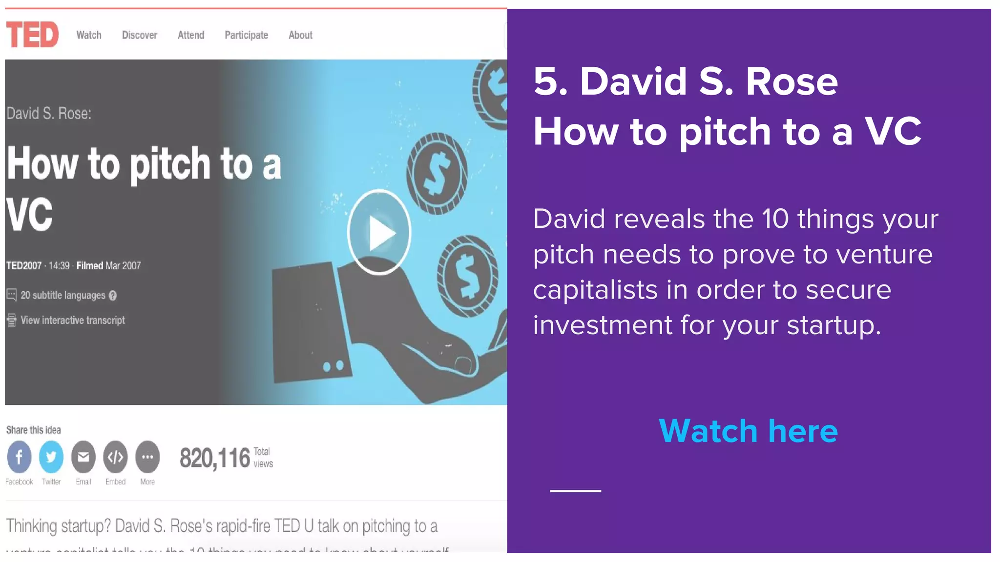 Watch here
5. David S. Rose
How to pitch to a VC
David reveals the 10 things your
pitch needs to prove to venture
capitalists in order to secure
investment for your startup.
Watch here
 