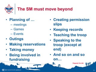 The SM must move beyond

• Planning of …           • Creating permission
    – meetings              slips
    – Games               • Keeping records
    – Events              • Teaching the troop
•   Outings               • Speaking to the
•   Making reservations     troop (except at
•   Taking money            end)
•   Being involved in     • And so on and so
    fundraising             on…

                                                  10
 