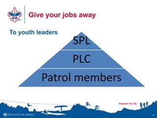 Give your jobs away

To youth leaders
                 SPL
                PLC
          Patrol members

                            11
 