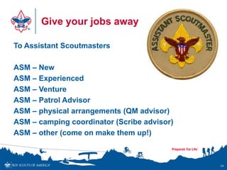 Give your jobs away

To Assistant Scoutmasters

ASM – New
ASM – Experienced
ASM – Venture
ASM – Patrol Advisor
ASM – physical arrangements (QM advisor)
ASM – camping coordinator (Scribe advisor)
ASM – other (come on make them up!)



                                             14
 