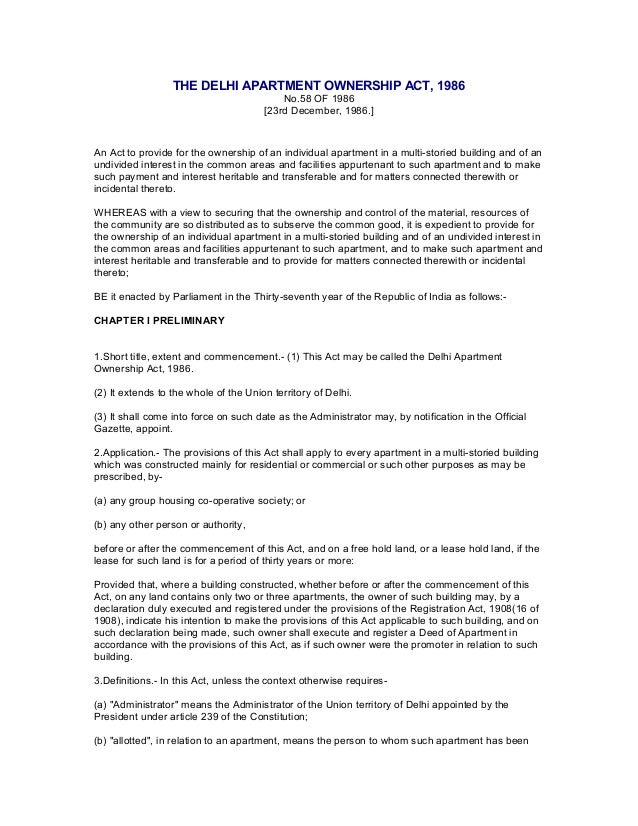 Apartment Building Ownership the delhi apartment ownership act, 1986 Apartment Building Ownership the delhi apartment ownership act, 1986