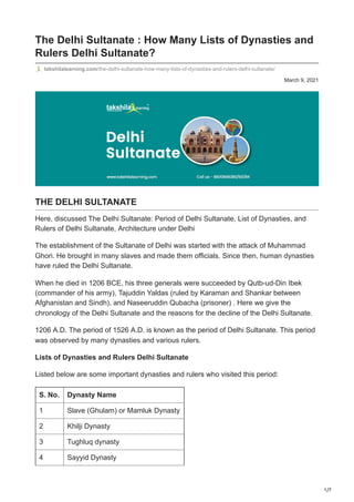 1/7
March 9, 2021
The Delhi Sultanate : How Many Lists of Dynasties and
Rulers Delhi Sultanate?
takshilalearning.com/the-delhi-sultanate-how-many-lists-of-dynasties-and-rulers-delhi-sultanate/
THE DELHI SULTANATE
Here, discussed The Delhi Sultanate: Period of Delhi Sultanate, List of Dynasties, and
Rulers of Delhi Sultanate, Architecture under Delhi
The establishment of the Sultanate of Delhi was started with the attack of Muhammad
Ghori. He brought in many slaves and made them officials. Since then, human dynasties
have ruled the Delhi Sultanate.
When he died in 1206 BCE, his three generals were succeeded by Qutb-ud-Din Ibek
(commander of his army), Tajuddin Yaldas (ruled by Karaman and Shankar between
Afghanistan and Sindh), and Naseeruddin Qubacha (prisoner) . Here we give the
chronology of the Delhi Sultanate and the reasons for the decline of the Delhi Sultanate.
1206 A.D. The period of 1526 A.D. is known as the period of Delhi Sultanate. This period
was observed by many dynasties and various rulers.
Lists of Dynasties and Rulers Delhi Sultanate
Listed below are some important dynasties and rulers who visited this period:
S. No. Dynasty Name
1 Slave (Ghulam) or Mamluk Dynasty
2 Khilji Dynasty
3 Tughluq dynasty
4 Sayyid Dynasty
 