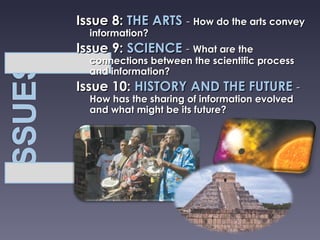 Issue 8:   THE ARTS  -  How do the arts convey information? Issue 9:  SCIENCE   -  What are the connections between the scientific process and information? Issue 10:  HISTORY AND THE FUTURE  -  How has the sharing of information evolved and what might be its future? 