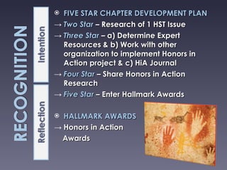 FIVE STAR CHAPTER DEVELOPMENT PLAN Two Star  – Research of 1 HST Issue Three Star   – a) Determine Expert Resources & b) Work with other organization to implement Honors in Action project & c) HiA Journal Four Star  – Share Honors in Action Research Five Star  – Enter Hallmark Awards HALLMARK AWARDS Honors in Action  Awards 
