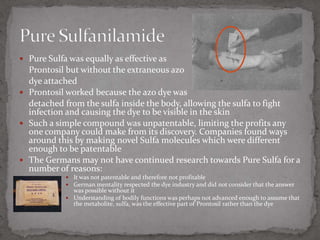 Pure Sulfa was equally as effective as Prontosil but without the extraneous azo	dye attachedProntosil worked because the azo dye was 	detached from the sulfa inside the body, allowing the sulfa to fight infection and causing the dye to be visible in the skinSuch a simple compound was unpatentable, limiting the profits any one company could make from its discovery. Companies found ways around this by making novel Sulfa molecules which were different enough to be patentableThe Germans may not have continued research towards Pure Sulfa for a number of reasons:It was not patentable and therefore not profitableGerman mentality respected the dye industry and did not consider that the answer was possible without itUnderstanding of bodily functions was perhaps not advanced enough to assume that the metabolite, sulfa, was the effective part of Prontosil rather than the dyePure Sulfanilamide