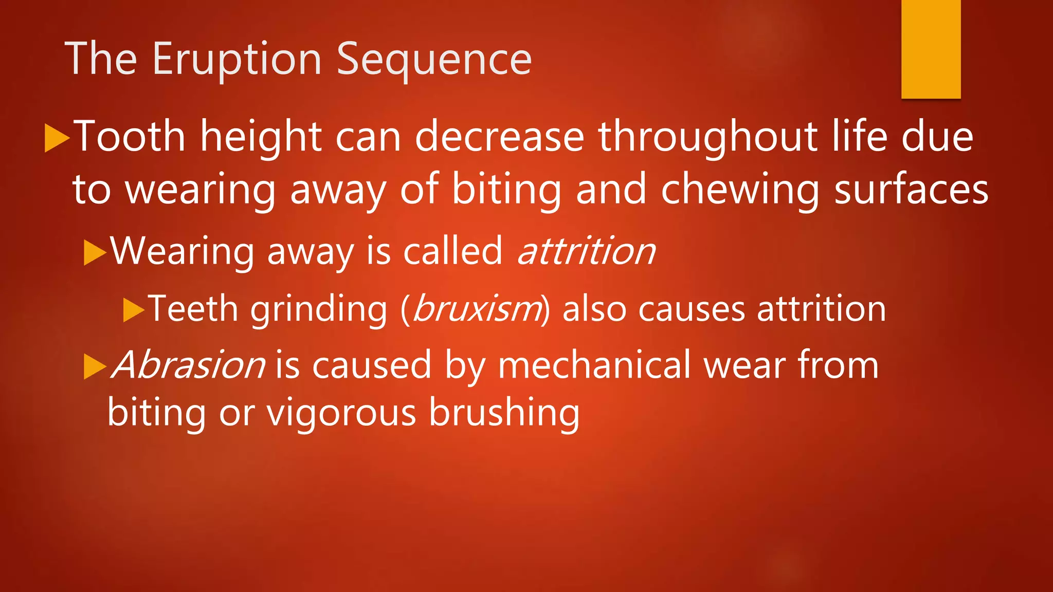 The Eruption Sequence
Tooth height can decrease throughout life due
to wearing away of biting and chewing surfaces
Wearing away is called attrition
Teeth grinding (bruxism) also causes attrition
Abrasion is caused by mechanical wear from
biting or vigorous brushing
 