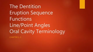 The Dentition
Eruption Sequence
Functions
Line/Point Angles
Oral Cavity Terminology
CHAPTER 1, 2
 