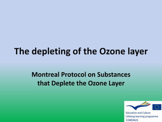 The depleting of the Ozone layer

    Montreal Protocol on Substances
     that Deplete the Ozone Layer
 