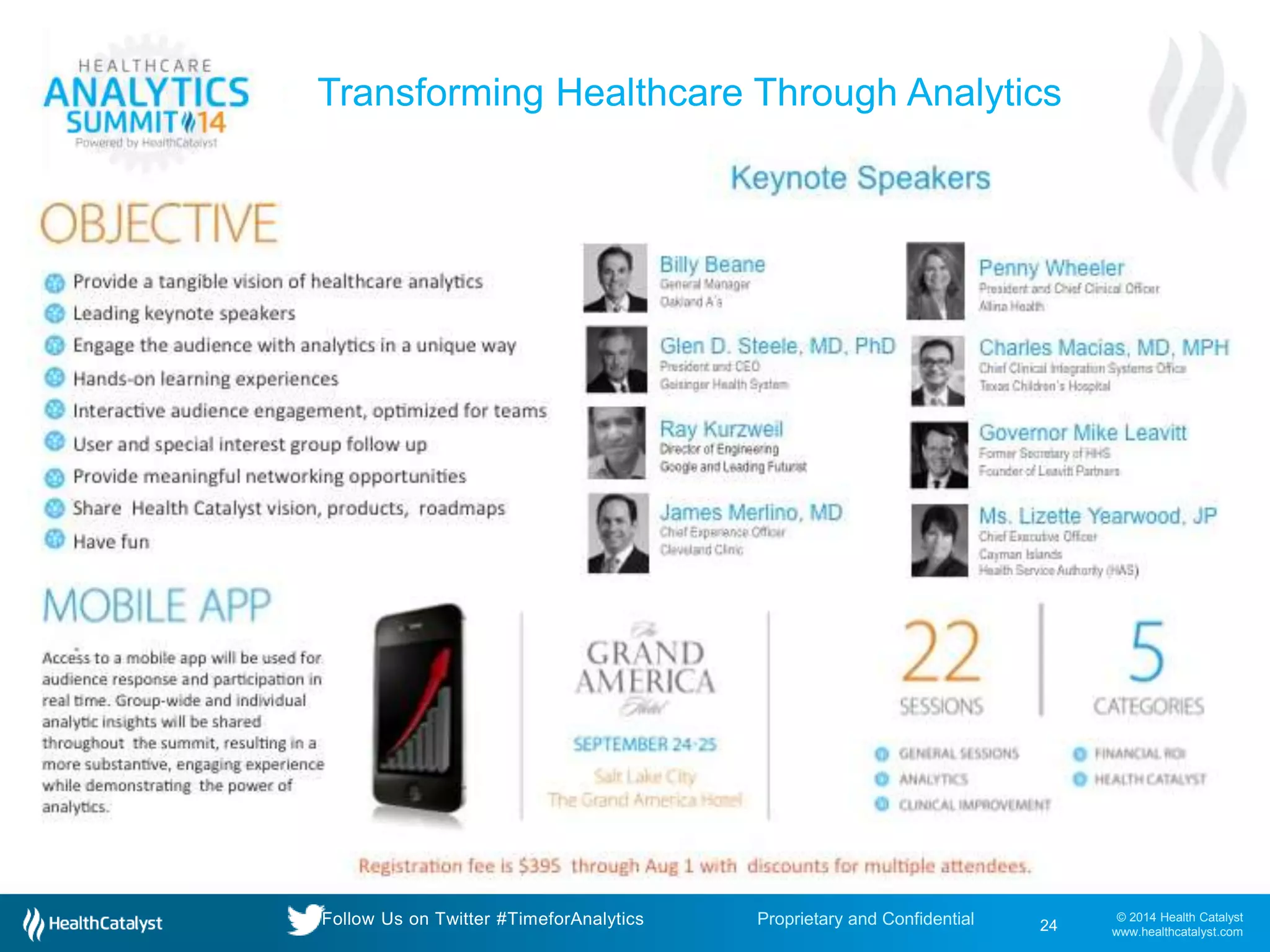 © 2014 Health Catalyst
www.healthcatalyst.com
Proprietary and ConfidentialFollow Us on Twitter #TimeforAnalytics 24
Transforming Healthcare Through Analytics
 