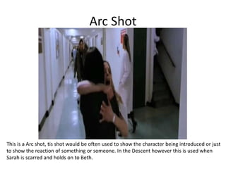 Arc Shot
This is a Arc shot, tis shot would be often used to show the character being introduced or just
to show the reaction of something or someone. In the Descent however this is used when
Sarah is scarred and holds on to Beth.
 