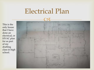 Electrical Plan
                       
This is the
only house
that I have
done an
electrical, or
HVAC plan
for as part
of my
drafting
class in high
school.
 