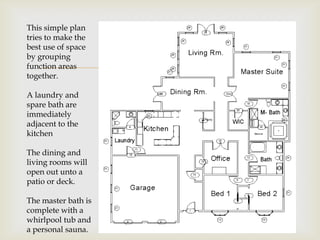 This simple plan
tries to make the
best use of space
by grouping
function areas
together.
                     
A laundry and
spare bath are
immediately
adjacent to the
kitchen

The dining and
living rooms will
open out unto a
patio or deck.

The master bath is
complete with a
whirlpool tub and
a personal sauna.
 