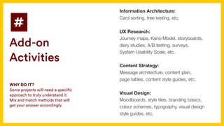 Information Architecture:
Card sorting, tree testing, etc.
UX Research:
Journey maps, Kano Model, storyboards,
diary studies, A/B testing, surveys,  
System Usability Scale, etc.
Content Strategy:
Message architecture, content plan,  
page tables, content style guides, etc.
Visual Design:
Moodboards, style tiles, branding basics,
colour schemes, typography, visual design
style guides, etc.
#
Add-on
Activities
WHY DO IT?
Some projects will need a specific
approach to truly understand it.  
Mix and match methods that will
get your answer accordingly.
 