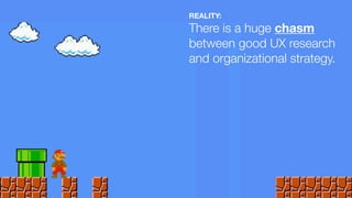 REALITY:
There is a huge chasm
between good UX research
and organizational strategy.
 