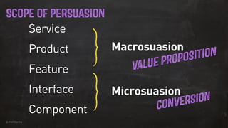@mattdanna
VALUE PROPOSITION
CONVERSION
SCOPE OF PERSUASION
Service
Product
Feature
Interface
Component
MMMM
Macrosuasion
...