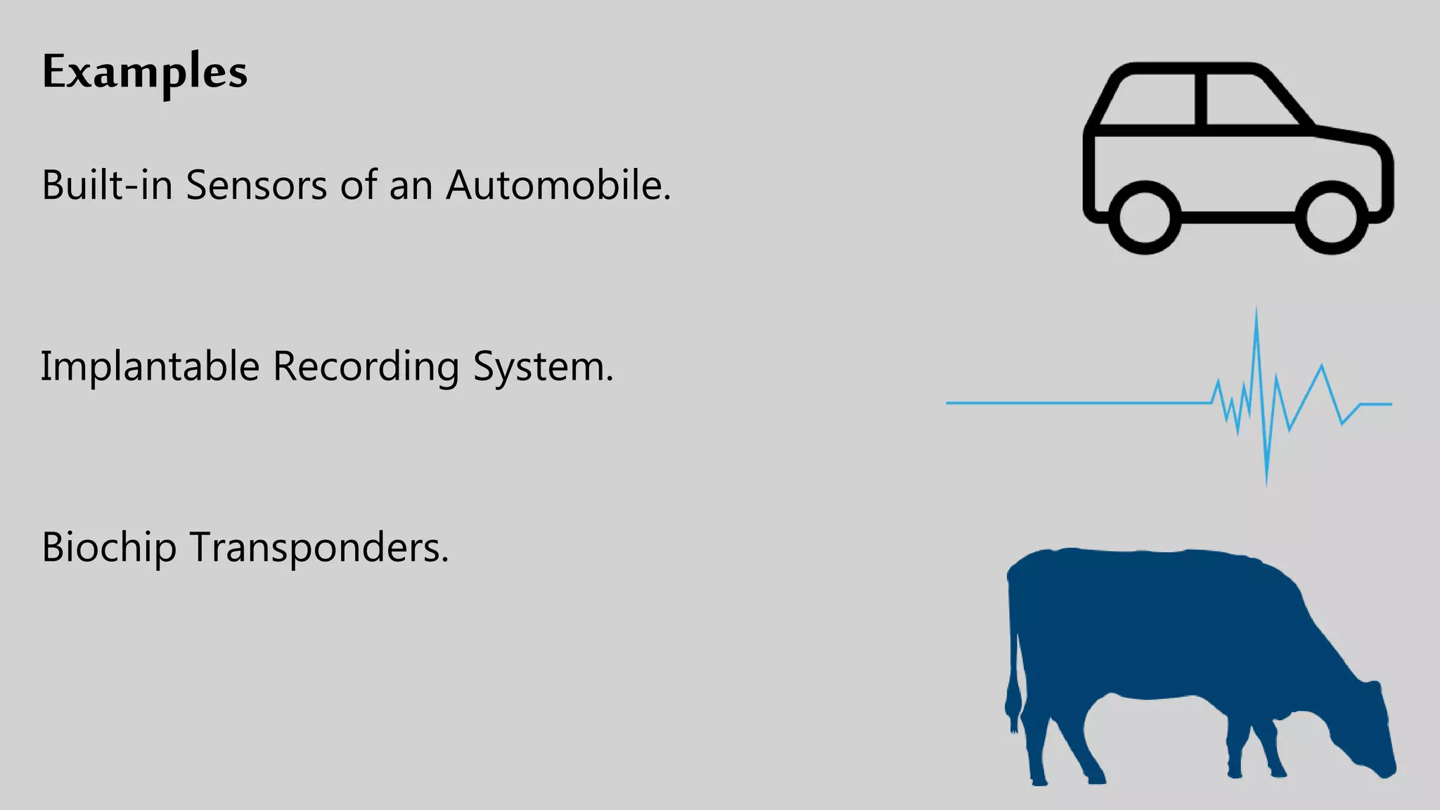 Examples
Built-in Sensors of an Automobile.
Implantable Recording System.
Biochip Transponders.
 