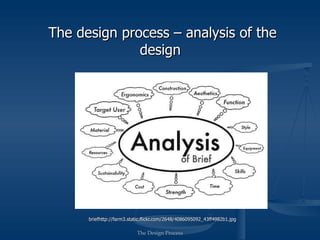 The design process – analysis of the
              design




                                         © Design and Technology Student 2009, sourced from
             http://www.flickr.com/photos/designandtechnologydepartment/4086095092/sizes/l/
                                     available for download under a Creative Commons licence.

              The Design Process
 