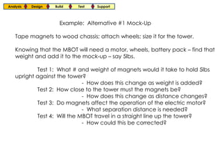 Analysis   Design   Build   Test   Support




                      Example: Alternative #1 Mock-Up

    Tape magnets to wood chassis; attach wheels; size it for the tower.

    Knowing that the MBOT will need a motor, wheels, battery pack – find that
    weight and add it to the mock-up – say 5lbs.

            Test 1: What # and weight of magnets would it take to hold 5lbs
    upright against the tower?
                              - How does this change as weight is added?
            Test 2: How close to the tower must the magnets be?
                              - How does this change as distance changes?
            Test 3: Do magnets affect the operation of the electric motor?
                              - What separation distance is needed?
            Test 4: Will the MBOT travel in a straight line up the tower?
                              - How could this be corrected?
 