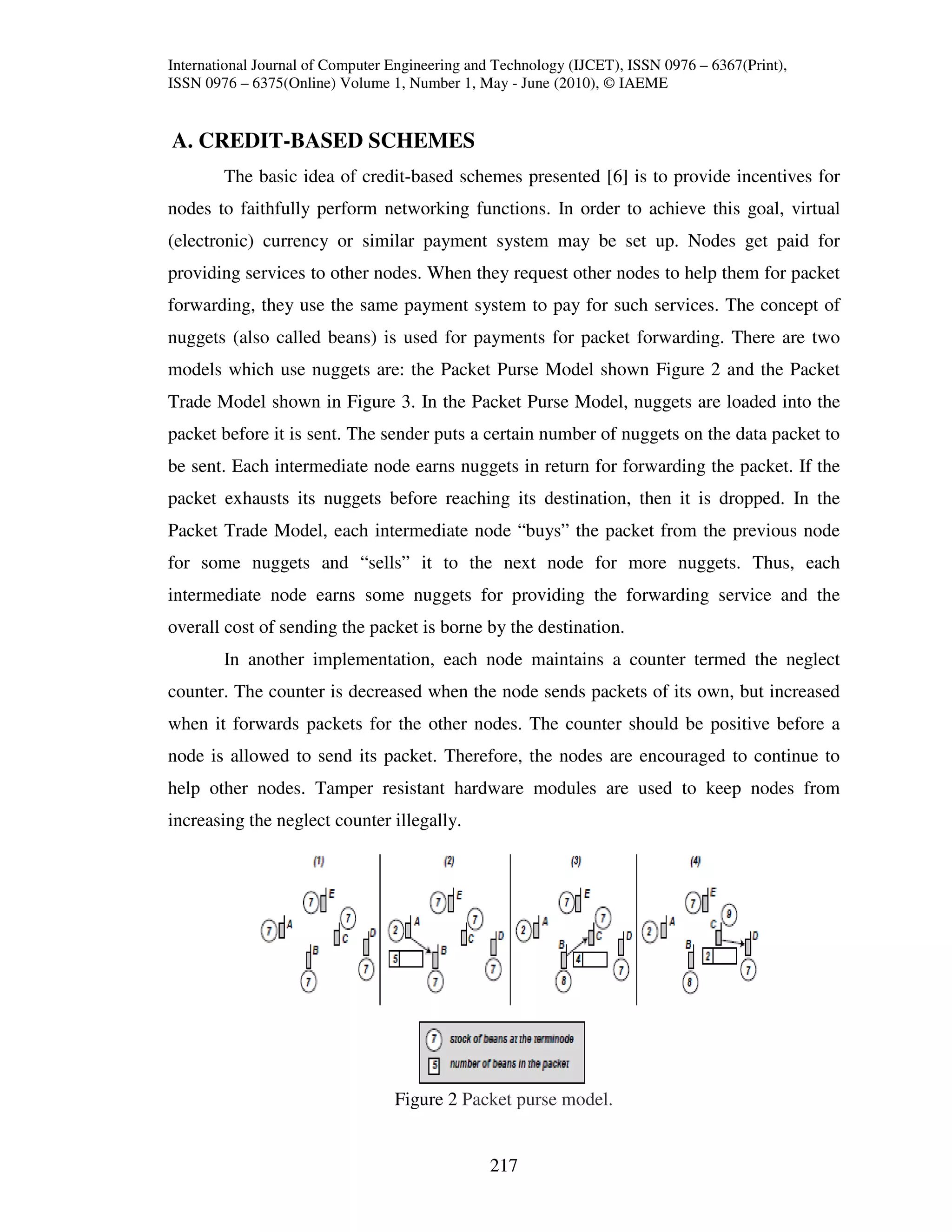 International Journal of Computer Engineering and Technology (IJCET), ISSN 0976 – 6367(Print),
ISSN 0976 – 6375(Online) Volume 1, Number 1, May - June (2010), © IAEME


A. CREDIT-BASED SCHEMES
        The basic idea of credit-based schemes presented [6] is to provide incentives for
nodes to faithfully perform networking functions. In order to achieve this goal, virtual
(electronic) currency or similar payment system may be set up. Nodes get paid for
providing services to other nodes. When they request other nodes to help them for packet
forwarding, they use the same payment system to pay for such services. The concept of
nuggets (also called beans) is used for payments for packet forwarding. There are two
models which use nuggets are: the Packet Purse Model shown Figure 2 and the Packet
Trade Model shown in Figure 3. In the Packet Purse Model, nuggets are loaded into the
packet before it is sent. The sender puts a certain number of nuggets on the data packet to
be sent. Each intermediate node earns nuggets in return for forwarding the packet. If the
packet exhausts its nuggets before reaching its destination, then it is dropped. In the
Packet Trade Model, each intermediate node “buys” the packet from the previous node
for some nuggets and “sells” it to the next node for more nuggets. Thus, each
intermediate node earns some nuggets for providing the forwarding service and the
overall cost of sending the packet is borne by the destination.
        In another implementation, each node maintains a counter termed the neglect
counter. The counter is decreased when the node sends packets of its own, but increased
when it forwards packets for the other nodes. The counter should be positive before a
node is allowed to send its packet. Therefore, the nodes are encouraged to continue to
help other nodes. Tamper resistant hardware modules are used to keep nodes from
increasing the neglect counter illegally.




                                  Figure 2 Packet purse model.


                                                217
 