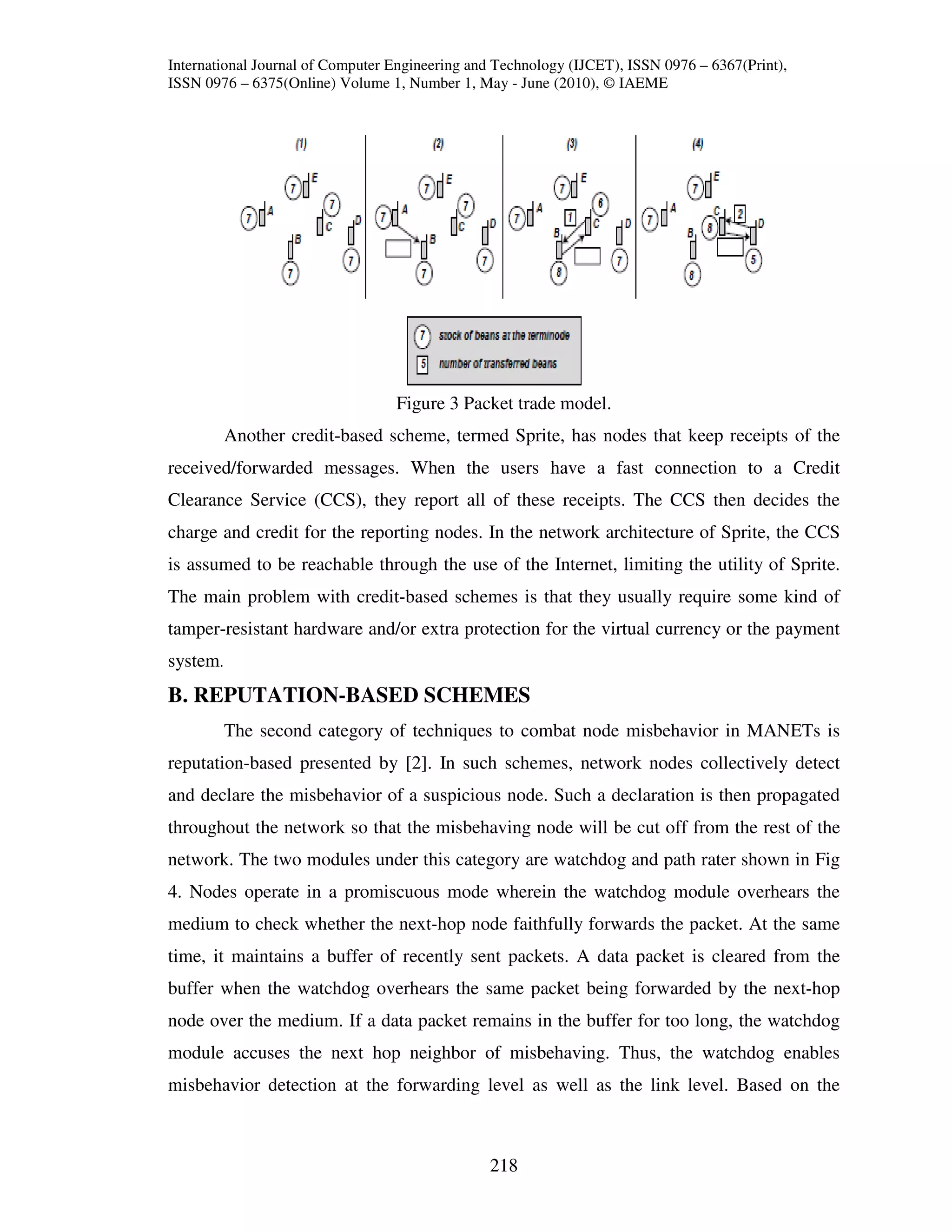 International Journal of Computer Engineering and Technology (IJCET), ISSN 0976 – 6367(Print),
ISSN 0976 – 6375(Online) Volume 1, Number 1, May - June (2010), © IAEME




                                  Figure 3 Packet trade model.
          Another credit-based scheme, termed Sprite, has nodes that keep receipts of the
received/forwarded messages. When the users have a fast connection to a Credit
Clearance Service (CCS), they report all of these receipts. The CCS then decides the
charge and credit for the reporting nodes. In the network architecture of Sprite, the CCS
is assumed to be reachable through the use of the Internet, limiting the utility of Sprite.
The main problem with credit-based schemes is that they usually require some kind of
tamper-resistant hardware and/or extra protection for the virtual currency or the payment
system.
B. REPUTATION-BASED SCHEMES
          The second category of techniques to combat node misbehavior in MANETs is
reputation-based presented by [2]. In such schemes, network nodes collectively detect
and declare the misbehavior of a suspicious node. Such a declaration is then propagated
throughout the network so that the misbehaving node will be cut off from the rest of the
network. The two modules under this category are watchdog and path rater shown in Fig
4. Nodes operate in a promiscuous mode wherein the watchdog module overhears the
medium to check whether the next-hop node faithfully forwards the packet. At the same
time, it maintains a buffer of recently sent packets. A data packet is cleared from the
buffer when the watchdog overhears the same packet being forwarded by the next-hop
node over the medium. If a data packet remains in the buffer for too long, the watchdog
module accuses the next hop neighbor of misbehaving. Thus, the watchdog enables
misbehavior detection at the forwarding level as well as the link level. Based on the



                                                218
 