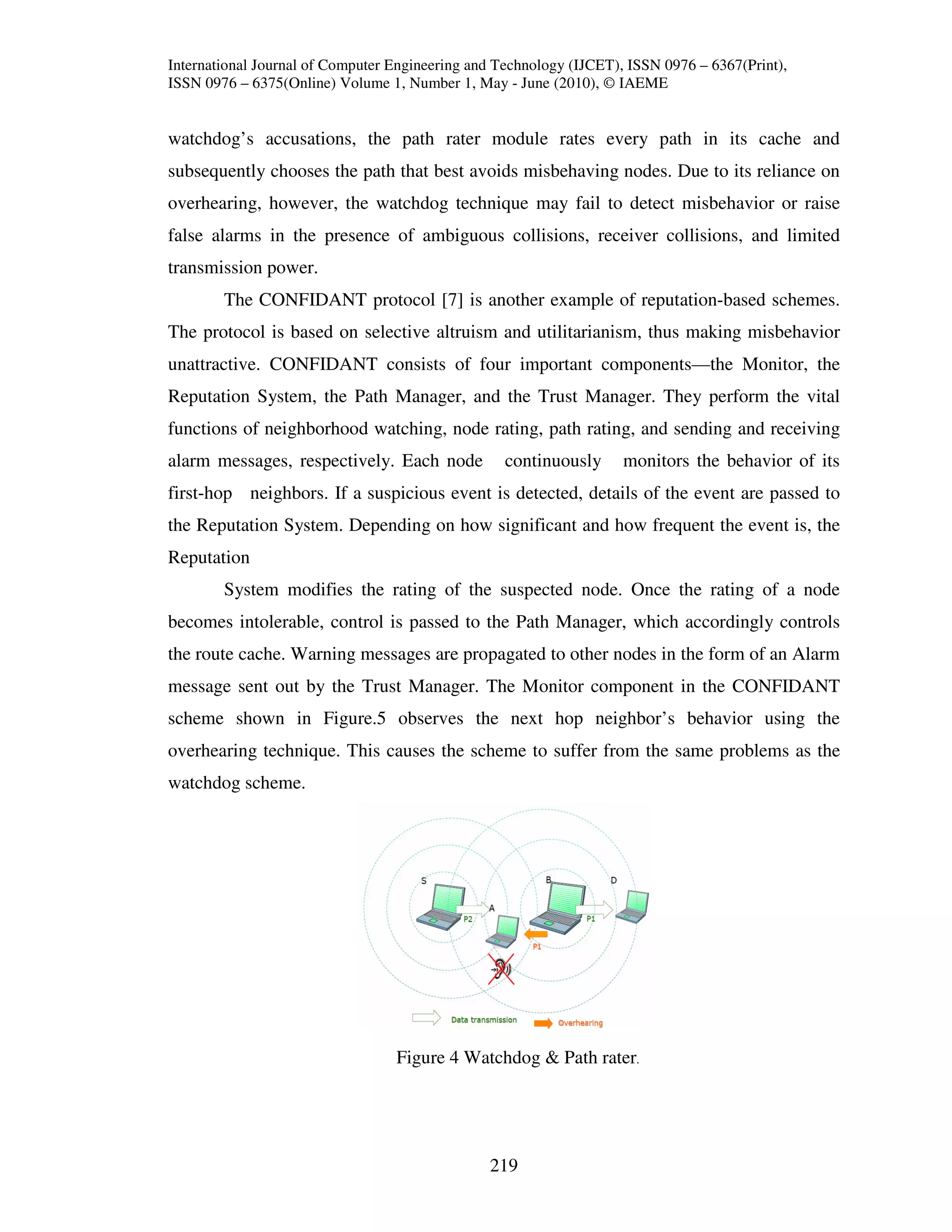International Journal of Computer Engineering and Technology (IJCET), ISSN 0976 – 6367(Print),
ISSN 0976 – 6375(Online) Volume 1, Number 1, May - June (2010), © IAEME


watchdog’s accusations, the path rater module rates every path in its cache and
subsequently chooses the path that best avoids misbehaving nodes. Due to its reliance on
overhearing, however, the watchdog technique may fail to detect misbehavior or raise
false alarms in the presence of ambiguous collisions, receiver collisions, and limited
transmission power.
        The CONFIDANT protocol [7] is another example of reputation-based schemes.
The protocol is based on selective altruism and utilitarianism, thus making misbehavior
unattractive. CONFIDANT consists of four important components—the Monitor, the
Reputation System, the Path Manager, and the Trust Manager. They perform the vital
functions of neighborhood watching, node rating, path rating, and sending and receiving
alarm messages, respectively. Each node            continuously      monitors the behavior of its
first-hop neighbors. If a suspicious event is detected, details of the event are passed to
the Reputation System. Depending on how significant and how frequent the event is, the
Reputation
        System modifies the rating of the suspected node. Once the rating of a node
becomes intolerable, control is passed to the Path Manager, which accordingly controls
the route cache. Warning messages are propagated to other nodes in the form of an Alarm
message sent out by the Trust Manager. The Monitor component in the CONFIDANT
scheme shown in Figure.5 observes the next hop neighbor’s behavior using the
overhearing technique. This causes the scheme to suffer from the same problems as the
watchdog scheme.




                                  Figure 4 Watchdog & Path rater.




                                                219
 