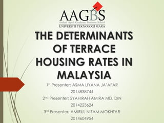 THE DETERMINANTS
OF TERRACE
HOUSING RATES IN
MALAYSIA
1st Presenter: ASMA LIYANA JA’AFAR
2014838744
2nd Presenter: SYAHIRAH AMIRA MD. DIN
2014223624
3rd Presenter: AMIRUL NIZAM MOKHTAR
2014604954
 