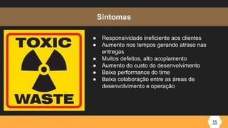 11
Sintomas
● Responsividade ineficiente aos clientes
● Aumento nos tempos gerando atraso nas
entregas
● Muitos defeitos, alto acoplamento
● Aumento do custo do desenvolvimento
● Baixa performance do time
● Baixa colaboração entre as áreas de
desenvolvimento e operação
 