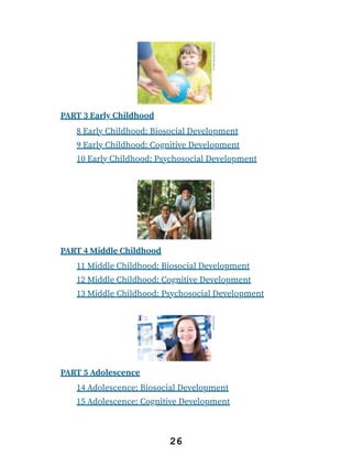 PART 3 Early Childhood
8 Early Childhood: Biosocial Development
9 Early Childhood: Cognitive Development
10 Early Childhood: Psychosocial Development
PART 4 Middle Childhood
11 Middle Childhood: Biosocial Development
12 Middle Childhood: Cognitive Development
13 Middle Childhood: Psychosocial Development
PART 5 Adolescence
14 Adolescence: Biosocial Development
15 Adolescence: Cognitive Development
26
 