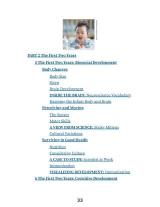 PART 2 The First Two Years
5 The First Two Years: Biosocial Development
Body Changes
Body Size
Sleep
Brain Development
INSIDE THE BRAIN: Neuroscience Vocabulary
Harming the Infant Body and Brain
Perceiving and Moving
The Senses
Motor Skills
A VIEW FROM SCIENCE: Sticky Mittens
Cultural Variations
Surviving in Good Health
Nutrition
Considering Culture
A CASE TO STUDY: Scientist at Work
Immunization
VISUALIZING DEVELOPMENT: Immunization
6 The First Two Years: Cognitive Development
33
 