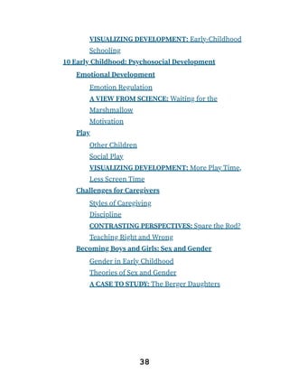 VISUALIZING DEVELOPMENT: Early-Childhood
Schooling
10 Early Childhood: Psychosocial Development
Emotional Development
Emotion Regulation
A VIEW FROM SCIENCE: Waiting for the
Marshmallow
Motivation
Play
Other Children
Social Play
VISUALIZING DEVELOPMENT: More Play Time,
Less Screen Time
Challenges for Caregivers
Styles of Caregiving
Discipline
CONTRASTING PERSPECTIVES: Spare the Rod?
Teaching Right and Wrong
Becoming Boys and Girls: Sex and Gender
Gender in Early Childhood
Theories of Sex and Gender
A CASE TO STUDY: The Berger Daughters
38
 
