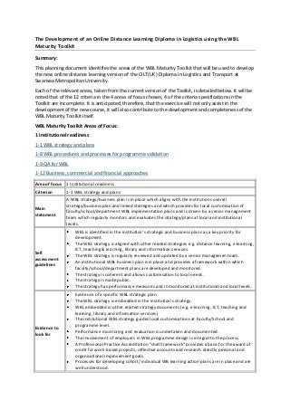 The Development of an Online Distance Learning Diploma in Logistics using the WBL
Maturity Toolkit

Summary:
This planning document identifies the areas of the WBL Maturity Toolkit that will be used to develop
the new online distance learning version of the CILT(UK) Diploma in Logistics and Transport at
Swansea Metropolitan University.
Each of the relevant areas, taken from the current version of the Toolkit, is detailed below. It will be
noted that of the 12 criteria in the 4 areas of focus chosen, 4 of the criteria specifications in the
Toolkit are incomplete. It is anticipated, therefore, that the exercise will not only assist in the
development of the new course, it will also contribute to the development and completeness of the
WBL Maturity Toolkit itself.
WBL Maturity Toolkit Areas of Focus:
1 Institutional readiness
1-1 WBL strategy and plans
1-8 WBL procedures and processes for programme validation
1-9 QA for WBL
1-12 Business, commercial and financial approaches
Area of focus 1 Institutional readiness
Criterion      1-1 WBL strategy and plans
               A WBL strategy/business plan is in place which aligns with the institutions overall
               strategy/business plan and linked strategies and which provides for local customisation of
Main
               faculty/school/department WBL implementation plans and is driven by a senior management
statement
               team which regularly monitors and evaluates the strategy/plans at local and institutional
               levels.
                   WBL is identified in the institution’s strategic and business plans as a key priority for
                   development.
                   The WBL strategy is aligned with other related strategies e.g. distance learning, e-learning,
                   ICT, teaching & learning, library and information services.
Self
                   The WBL strategy is regularly reviewed and updated by a senior managemen team.
assessment
                   An institutional WBL business plan is in place and provides a framework within which
guidelines
                   faculty/school/department plans are developed and monitored.
                   The strategy is coherent and allows customisation to local needs.
                   The strategy is made public.
                   The strategy has performance measures and is monitored at institutional and local levels.
                   Existence of a specific WBL strategic plan.
                   The WBL strategy is embedded in the institution’s strategy.
                   WBL embedded in other related strategy documents (e.g. e-learning, ICT, teaching and
                   learning, library and information services)
                   The institutional WBL strategy guides local customisations at Faculty/School and
                   programme level.
Evidence to
                   Performance monitoring and evaluation is undertaken and documented.
look for
                   The involvement of employers in WBL programme design is integral to the process.
                   A Professional Practice Accreditation “shell framework” provides a basis for the award of
                   credit for work-based projects, reflective accounts and research directly personal and
                   organisational improvement goals.
                   Processes for developing cohort/ individual WB learning action plans are in place and are
                   well understood.
 