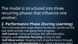The model is structured into three
recurring phases that influence one
another:
2. Performance Phase (During Learning)
This is the execution stage where the learner carries out the
task while actively managing their progress.
•Self-Control: Using techniques like self-instruction,
imagery, and attention focusing to stay on task.
•Self-Observation: Keeping track of performance through
 