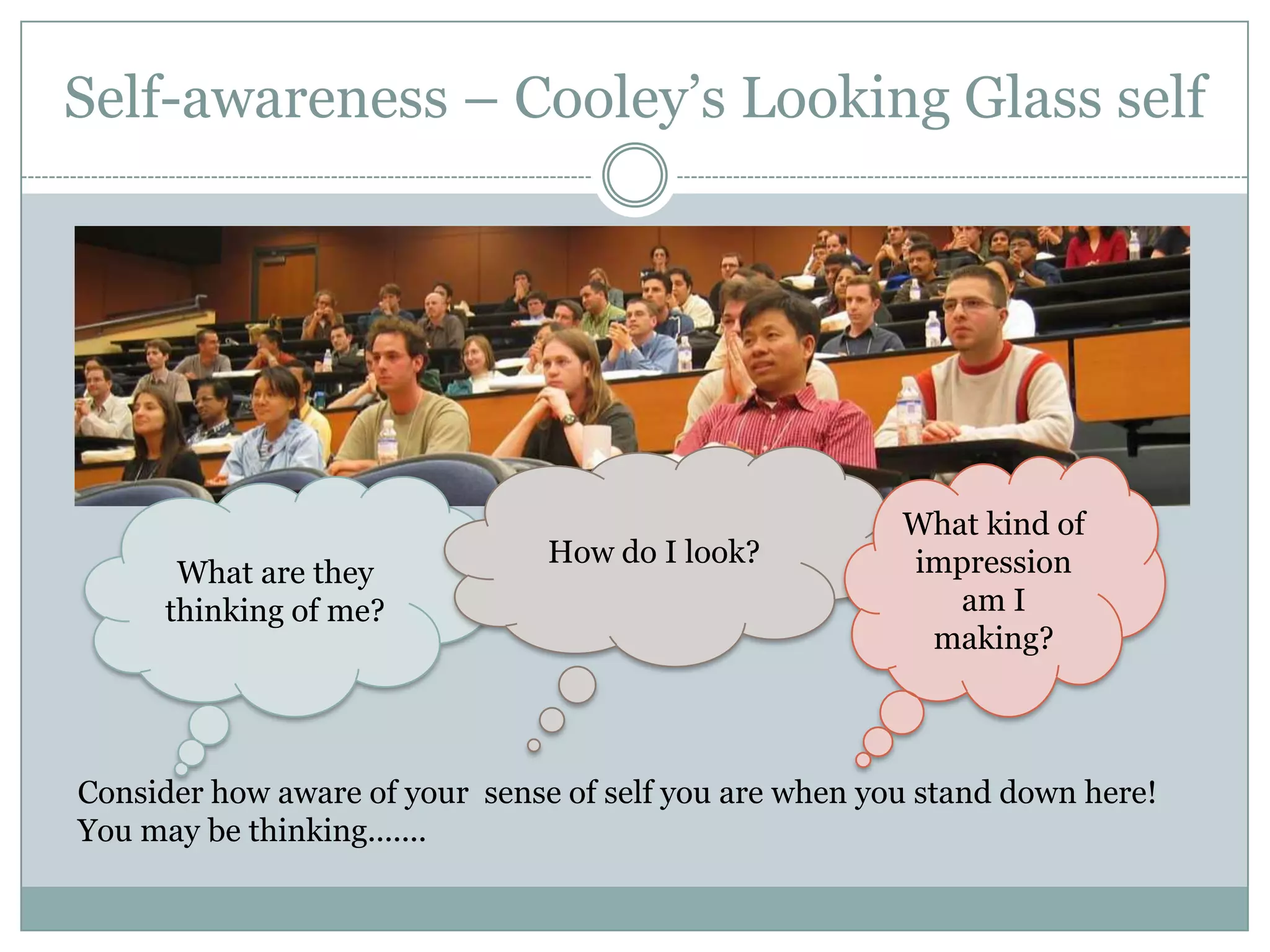 Self-awareness – Cooley’s Looking Glass selfHow do I look?What kind of impression am I making?What are they thinking of me?Consider how aware of your  sense of self you are when you stand down here!You may be thinking.......
