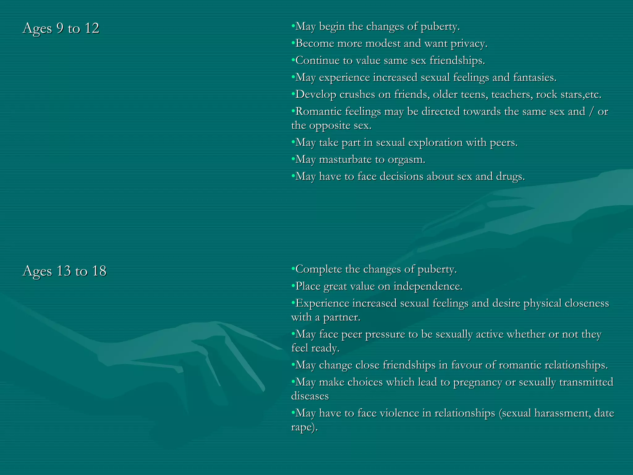 Ages 9 to 12Ages 9 to 12 •May begin the changes of puberty.May begin the changes of puberty.
•Become more modest and want privacy.Become more modest and want privacy.
•Continue to value same sex friendships.Continue to value same sex friendships.
•May experience increased sexual feelings and fantasies.May experience increased sexual feelings and fantasies.
•Develop crushes on friends, older teens, teachers, rock stars,etc.Develop crushes on friends, older teens, teachers, rock stars,etc.
•Romantic feelings may be directed towards the same sex and / orRomantic feelings may be directed towards the same sex and / or
the opposite sex.the opposite sex.
•May take part in sexual exploration with peers.May take part in sexual exploration with peers.
•May masturbate to orgasm.May masturbate to orgasm.
•May have to face decisions about sex and drugs.May have to face decisions about sex and drugs.
Ages 13 to 18Ages 13 to 18 •Complete the changes of puberty.Complete the changes of puberty.
•Place great value on independence.Place great value on independence.
•Experience increased sexual feelings and desire physical closenessExperience increased sexual feelings and desire physical closeness
with a partner.with a partner.
•May face peer pressure to be sexually active whether or not theyMay face peer pressure to be sexually active whether or not they
feel ready.feel ready.
•May change close friendships in favour of romantic relationships.May change close friendships in favour of romantic relationships.
•May make choices which lead to pregnancy or sexually transmittedMay make choices which lead to pregnancy or sexually transmitted
diseasesdiseases
•May have to face violence in relationships (sexual harassment, dateMay have to face violence in relationships (sexual harassment, date
rape).rape).
 