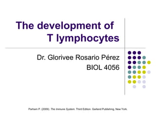 The development of
      T lymphocytes
        Dr. Glorivee Rosario Pérez
                        BIOL 4056




  Parham P. (2009). The Immune System. Third Edition. Garland Publishing, New York.
 